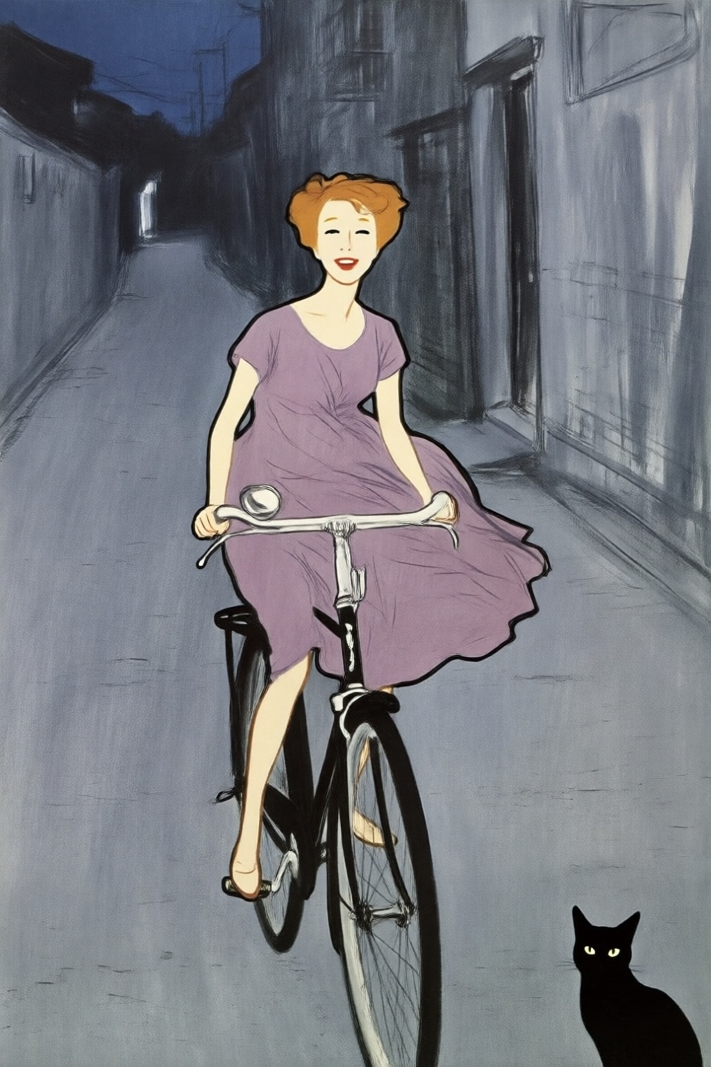 fashion illustration
Young Asian woman riding an old style bicycle through a narrow, quiet street at night. The happy woman wears a simple, flowing purple dress. In the corner, a small black cat with piercing eyes sits watching her quietly. The mood is tranquil and slightly magical.