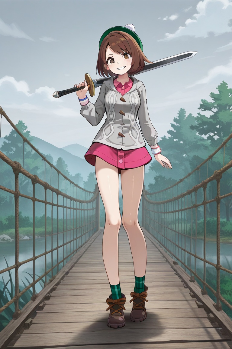 w00d3nbr1dg3, wooden bridge, rope bridge, fog, mist, grey sky, clouds,1gir, solo, yuugloriatsukishiro, brown hair, short hair, bob cut, tam o' shanter, hooded cardigan, collared dress, short dress, long sleeves, dynamax band, plaid socks, ankle boots, sword, holding sword, sword over the shoulder, grin, smile, standing, full body,