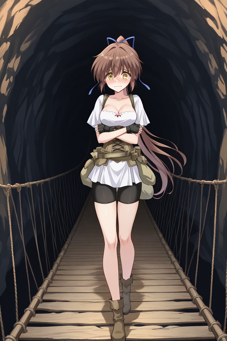 w00d3nbr1dg3, wooden bridge, rope bridge, cave interior, 1girl, solo, aishaoilus, brown hair, very long hair, ponytail, hair ribbon, yellow eyes, medium breasts, shirt, short sleeves, cleavage, corset, suspenders, bike shorts, fingerless gloves, belt, pouch, boots, self hug, wavy mouth, walking,