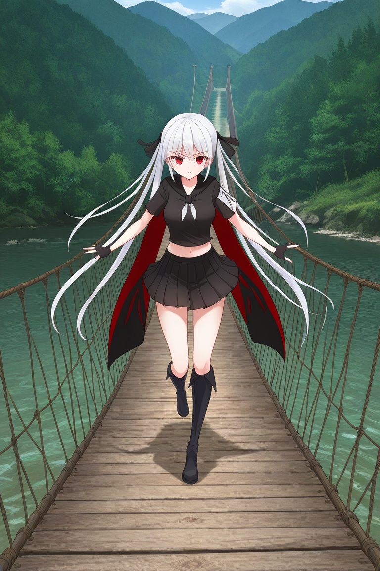 w00d3nbr1dg3, wooden bridge, rope bridge, no humans, nature, river, rizeraali, 1girl, solo, cloepnsherilus, white hair, very long hair, twintails, hair ribbon, red eyes, medium breasts, shirt, short sleeves, navel, print armband, fingerless gloves, pleated skirt, knee boots, cape, mountains, running at viewer, serious,