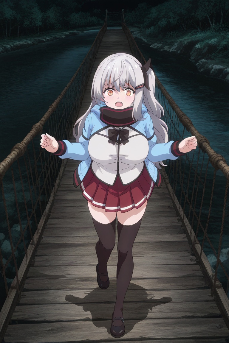 w00d3nbr1dg3, wooden bridge, rope bridge, night, river, black background, alpsogkkoilus, grey hair, long hair, one side up, hair ribbon, hairclip, red eyes, orange eyes, multicolored eyes, large breasts, jacket, high collar, hood down, shirt, shirt bow, pleated skirt, thighhighs, mary janes, w arms, on one leg, open mouth, shouting, scared, running,