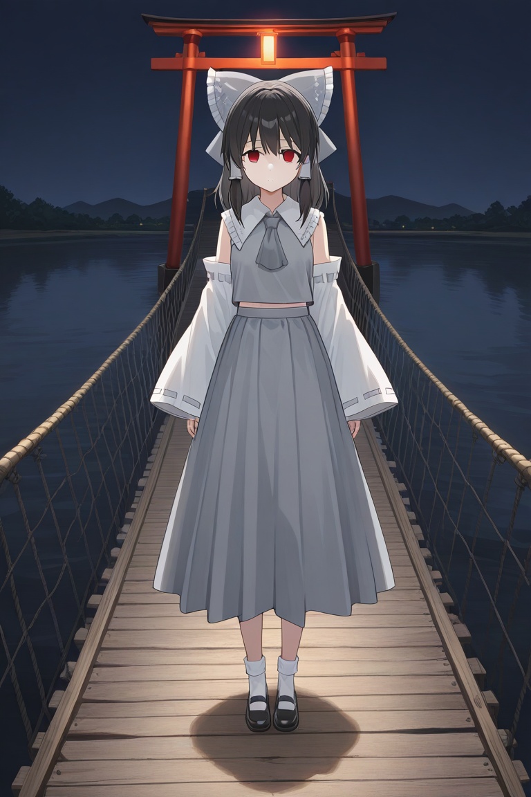 w00d3nbr1dg3, wooden bridge, rope bridge, torii, night, 1girl, solo, ctcrei, black hair, medium hair, red eyes, empty eyes, grey bow, hair bow, hair tubes, grey shirt, collared shirt, sleeveless, grey ascot, detached sleeves, wide sleeves, white sleeves, grey skirt, long skirt, nontraditional miko, socks, mary janes, floating, glowing, looking at viewer,