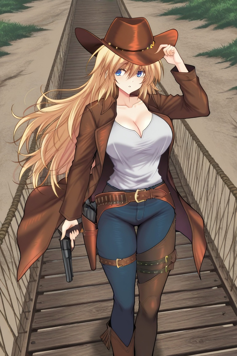 w00d3nbr1dg3, wooden bridge, rope bridge, wasteland, jadozokuonnailus, blonde hair, very long hair, blue eyes, large breasts, cowboy hat, coat, shirt, collarbone, cleavage, long sleeves, belt, high belt, ammunition belt, gun, holster, holstered, denim pants, chaps, thigh belt, asymmetrical legwear, hand on headwear, looking to the side, walking, floating hair, parted lips,