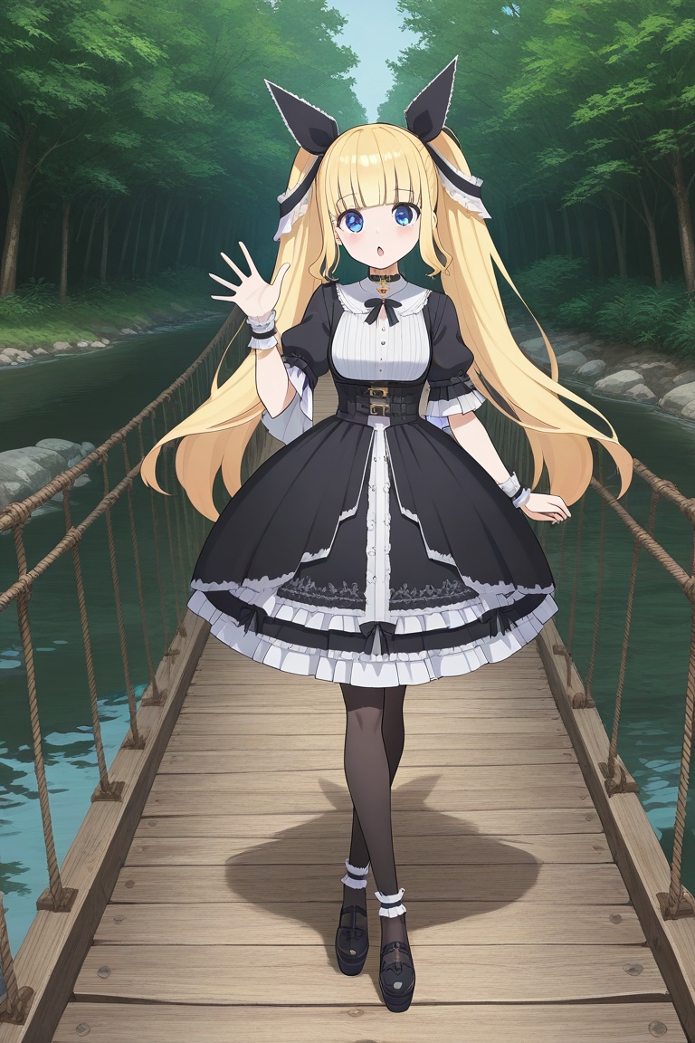 w00d3nbr1dg3, wooden bridge, rope bridge, no humans, nature, river, rizeraali, 1girl, solo, blonde hair, long hair, twintails, blunt bangs, blue eyes, medium breasts, hair ornament, black dress, short sleeves, frilled dress, framed breasts, goth fashion, wrist cuffs, collar, neck ribbon, high belt, black ribbon, black pantyhose, ankle garter, black shoes, platform footwear, waving, open mouth, :o, standing,