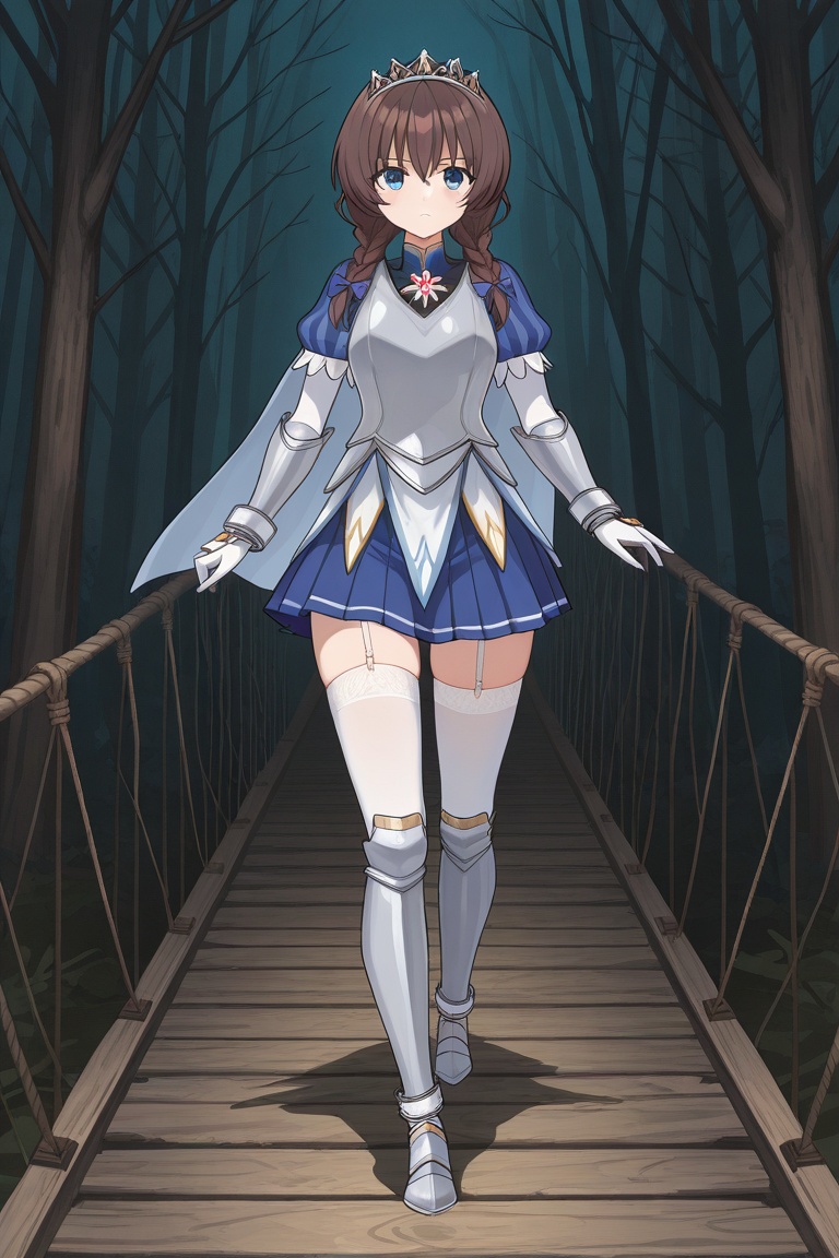 w00d3nbr1dg3, wooden bridge, rope bridge, dark forest, bare tree, 1girl, solo, riccaftohkilus, holyknight, brown hair, twin braids, hair bow, blue eyes, tiara, flower brooch, breastplate, vertical-striped shirt, puffy short sleeves, vambraces, bracelet, elbow gloves, pleated skirt, thighhighs, garter straps, armored boots, anklet, cape, serious, running,