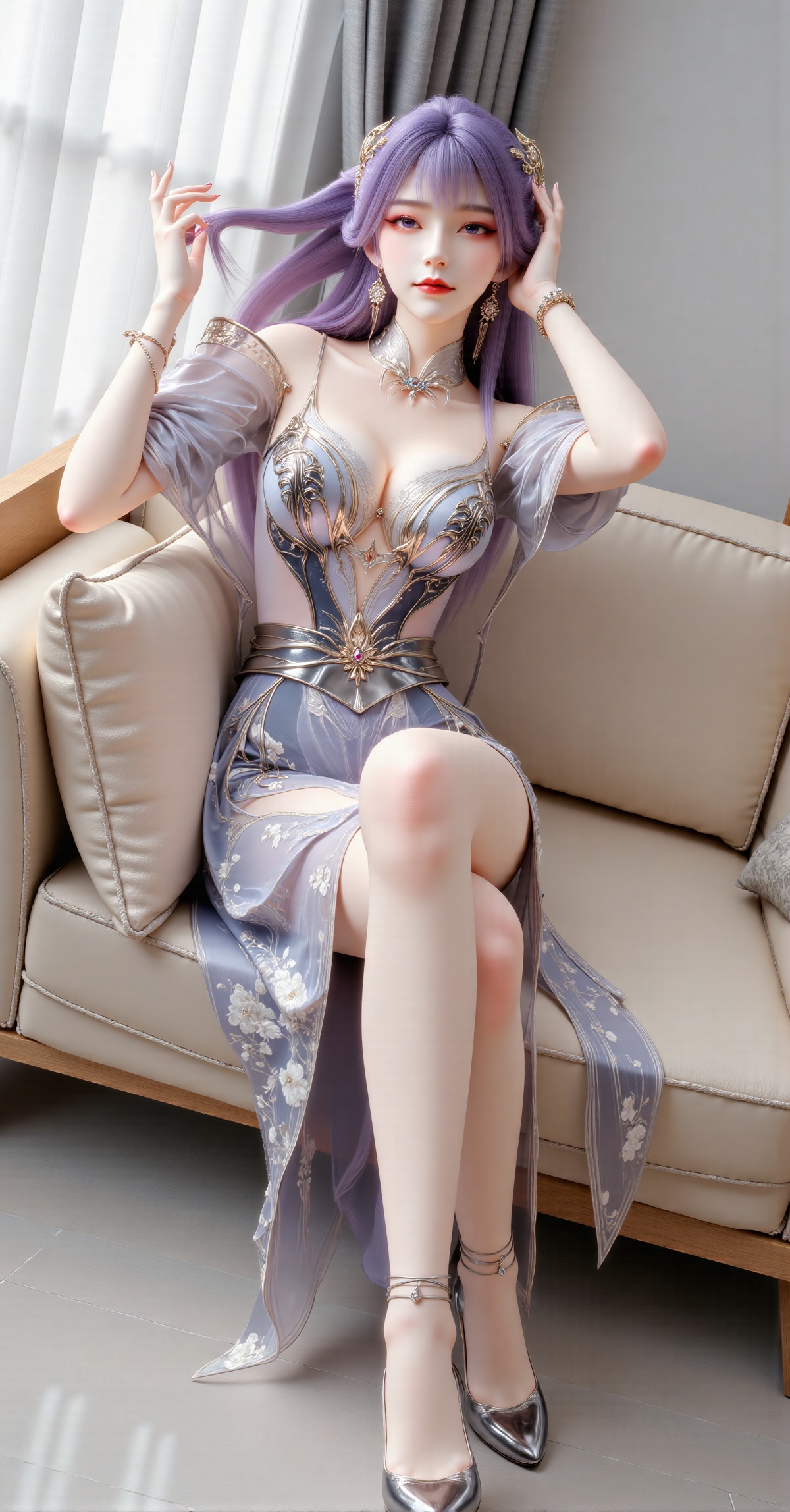 A 21-year-old East Asian woman with purple natural ultra-long straight hair (length to waist,  ends softly inward-curved,...