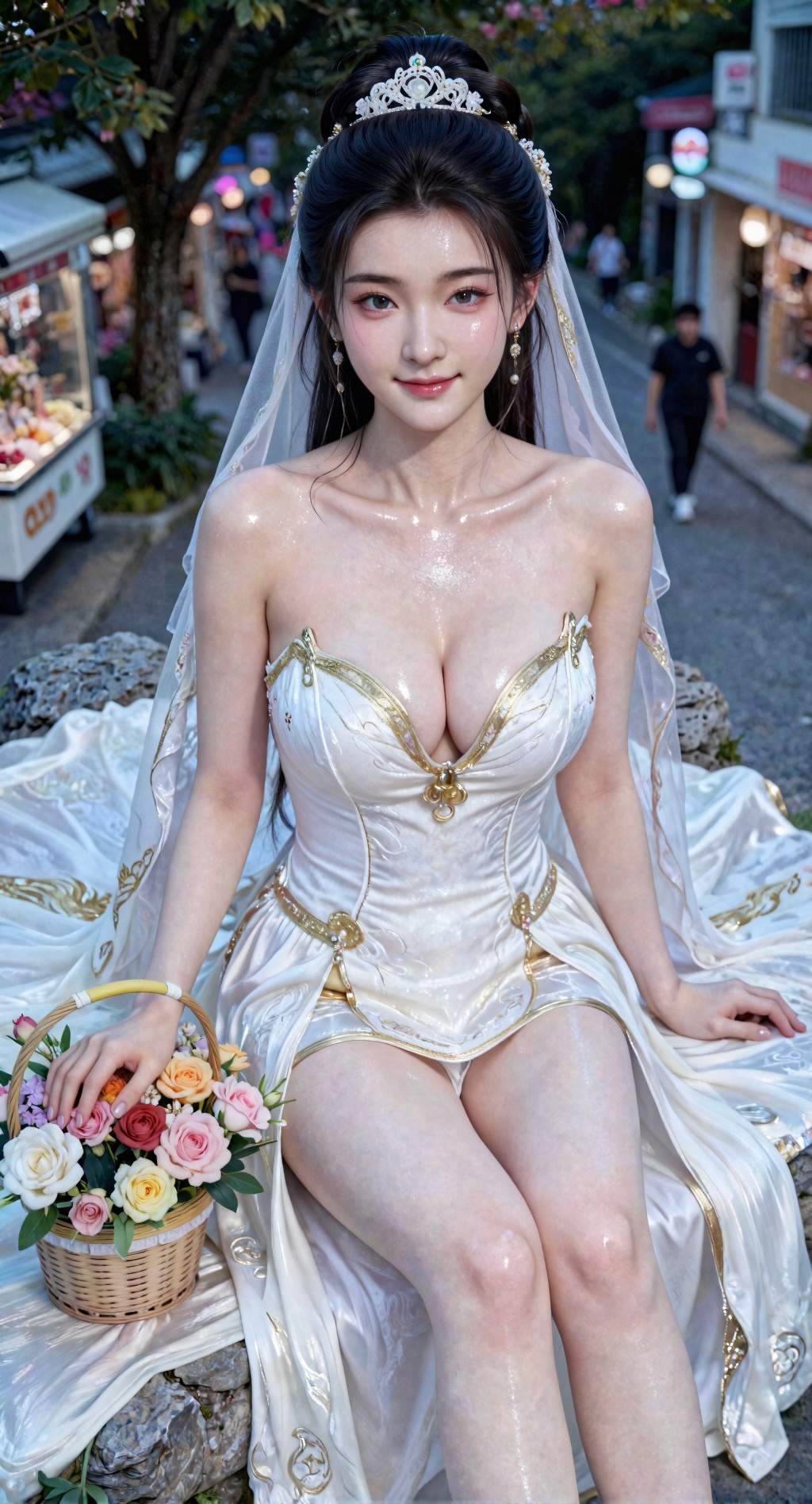 真人摄影。真人摄影。全身照,
美颜,16岁少女皮肤,去AI 感,极具视觉冲击力精致壁纸风,皮肤雪白细腻水润如瓷,无AI 合成痕迹,巨大胸部轮廓分明,职业微笑温柔勾人,眼神妖艳妩媚直视镜头,完美身材（纤细四肢+ 紧致腰线）,The image is a portrait of a young woman wearing a traditional Chinese wedding dress. She is sitting on a rock with a basket of flowers in front of her. The woman is wearing a long, flowing white dress with intricate gold embroidery and a veil covering her face. Her hair is styled in an elegant updo with a tiara on top. The background is blurred, but it appears to be an outdoor setting with trees and lights. The overall mood of the image is romantic and dreamy.,aurora_glossy_pantyhose