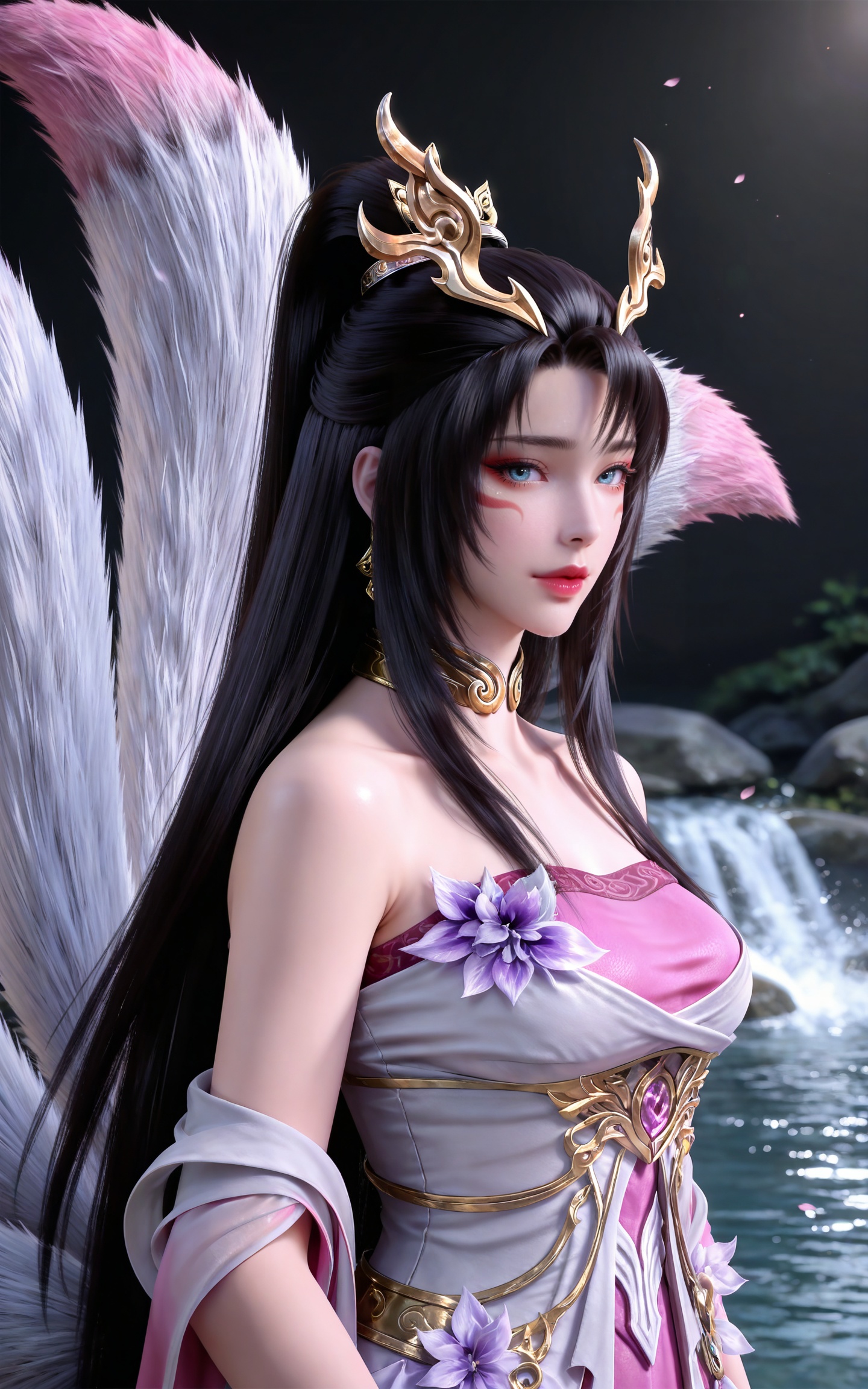 masterpiece,high quality,tall,game cg,highres,(soft light:1.2),(white_skin:0.6),(shiny_skin:0.6),(realistic:1.1),stone,water,
black hair, long hair, blue eyes, high ponytail, facial mark, hair_ornament, jewelry, earrings, metal collar, bare shoulders, tianhu white and pink dress, tail, fox tail, multiple tails,upper body,
black_background,simple background,outdoor,looking at viewer