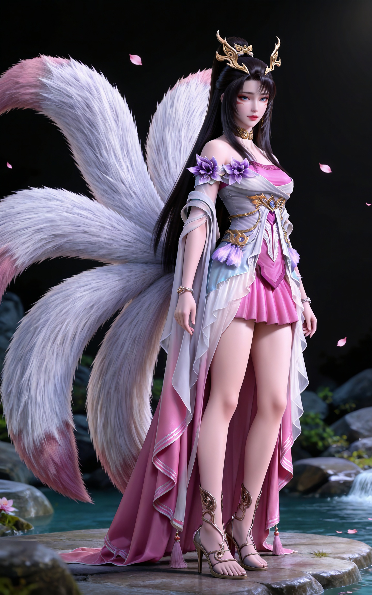 masterpiece,high quality,tall,game cg,highres,(soft light:1.2),(white_skin:0.6),(shiny_skin:0.6),(realistic:1.1),stone,water,
black hair, long hair, blue eyes, high ponytail, facial mark, hair_ornament, jewelry, earrings, metal collar, bare shoulders, tianhu white and pink dress, high_heels, tail, fox tail, multiple tails,
black_background,simple background,outdoor,looking at viewer