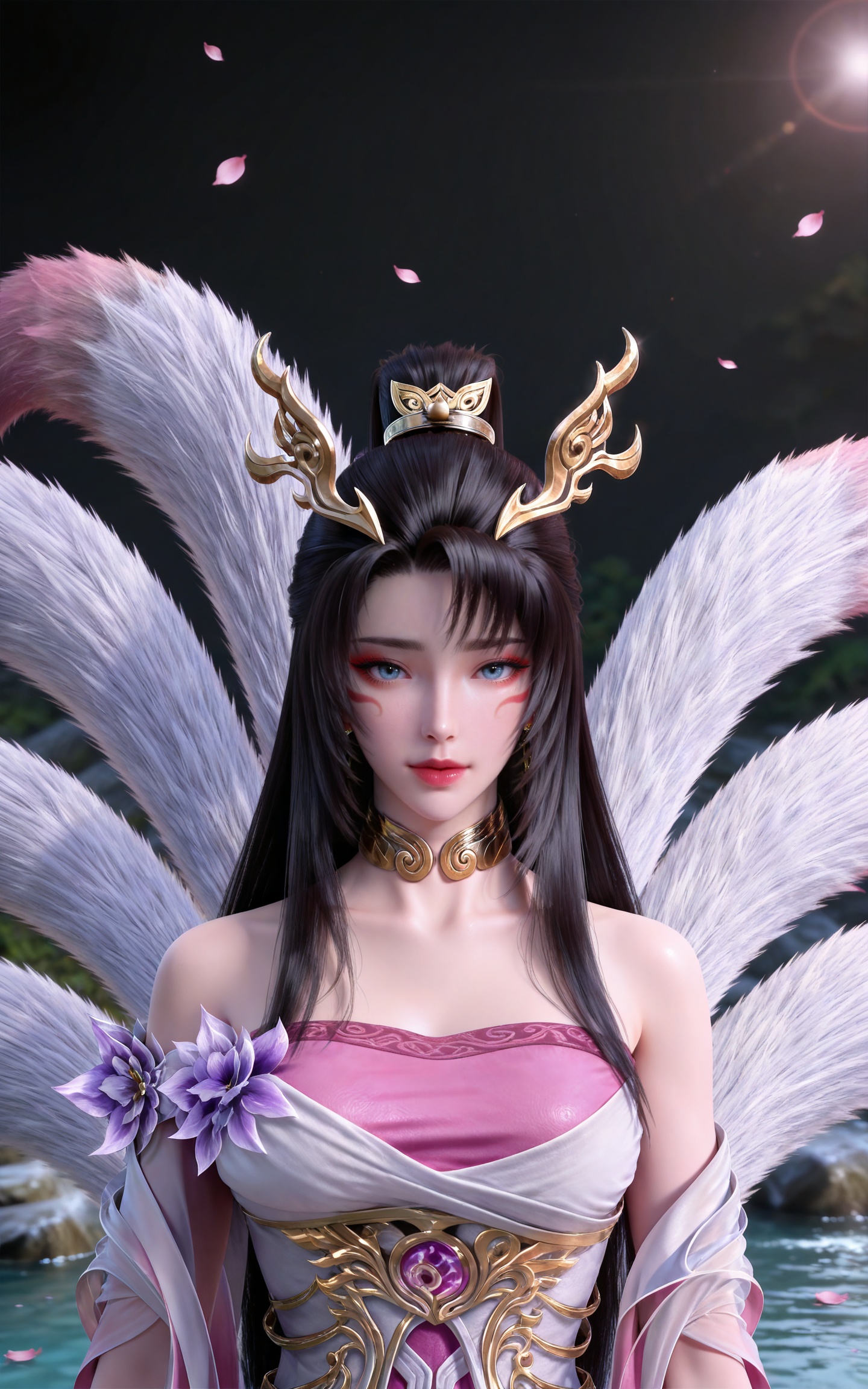 masterpiece,high quality,tall,game cg,highres,(soft light:1.2),(white_skin:0.6),(shiny_skin:0.6),(realistic:1.1),stone,water,
black hair, long hair, blue eyes, high ponytail, facial mark, hair_ornament, jewelry, earrings, metal collar, bare shoulders, tianhu white and pink dress, tail, fox tail, multiple tails,upper body,
black_background,simple background,outdoor,looking at viewer