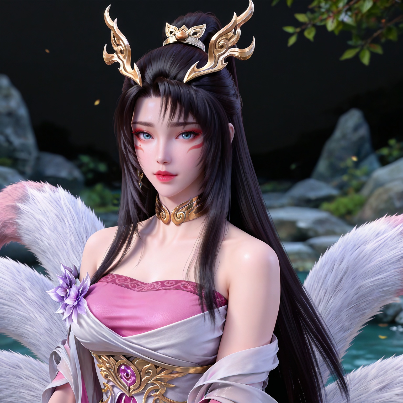 masterpiece,high quality,tall,game cg,highres,(soft light:1.2),(white_skin:0.6),(shiny_skin:0.6),(realistic:1.1),stone,water,
black hair, long hair, blue eyes, high ponytail, facial mark, hair_ornament, jewelry, earrings, metal collar, bare shoulders, tianhu white and pink dress, tail, fox tail, multiple tails,upper body,
black_background,simple background,outdoor,looking at viewer