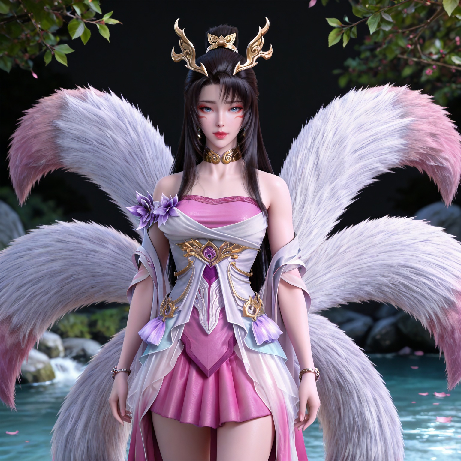 masterpiece,high quality,tall,game cg,highres,(soft light:1.2),(white_skin:0.6),(shiny_skin:0.6),(realistic:1.1),stone,water,
black hair, long hair, blue eyes, high ponytail, facial mark, hair_ornament, jewelry, earrings, metal collar, bare shoulders, tianhu white and pink dress, tail, fox tail, multiple tails,upper body,
black_background,simple background,outdoor,looking at viewer
