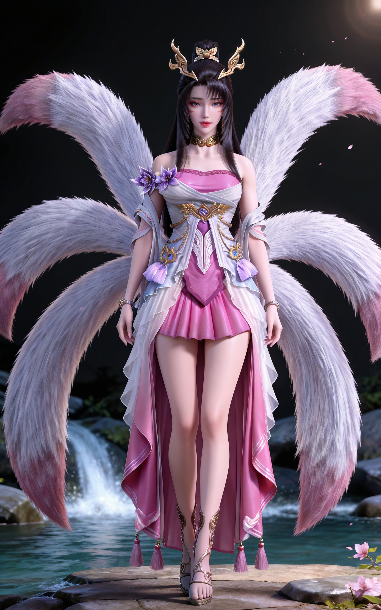 masterpiece,high quality,tall,game cg,highres,(soft light:1.2),(white_skin:0.6),(shiny_skin:0.6),(realistic:1.1),stone,water,
black hair, long hair, blue eyes, high ponytail, facial mark, hair_ornament, jewelry, earrings, metal collar, bare shoulders, tianhu white and pink dress, high_heels, tail, fox tail, multiple tails,
black_background,simple background,outdoor,looking at viewer