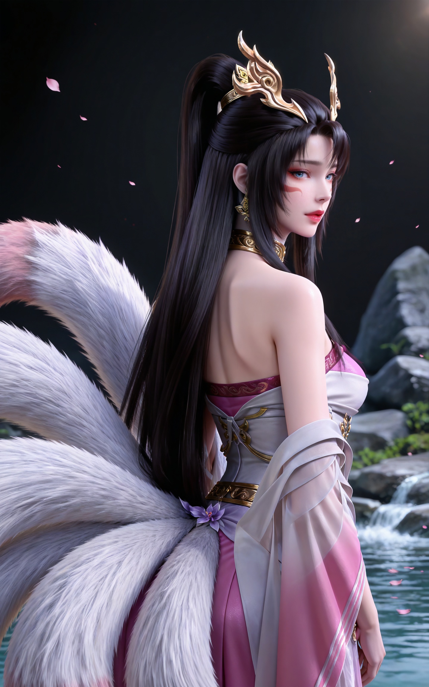 masterpiece,high quality,tall,game cg,highres,(soft light:1.2),(white_skin:0.6),(shiny_skin:0.6),(realistic:1.1),stone,water,
black hair, long hair, blue eyes, high ponytail, facial mark, hair_ornament, jewelry, earrings, metal collar, bare shoulders, tianhu white and pink dress, tail, fox tail, multiple tails,upper body,
black_background,simple background,outdoor,looking at viewer