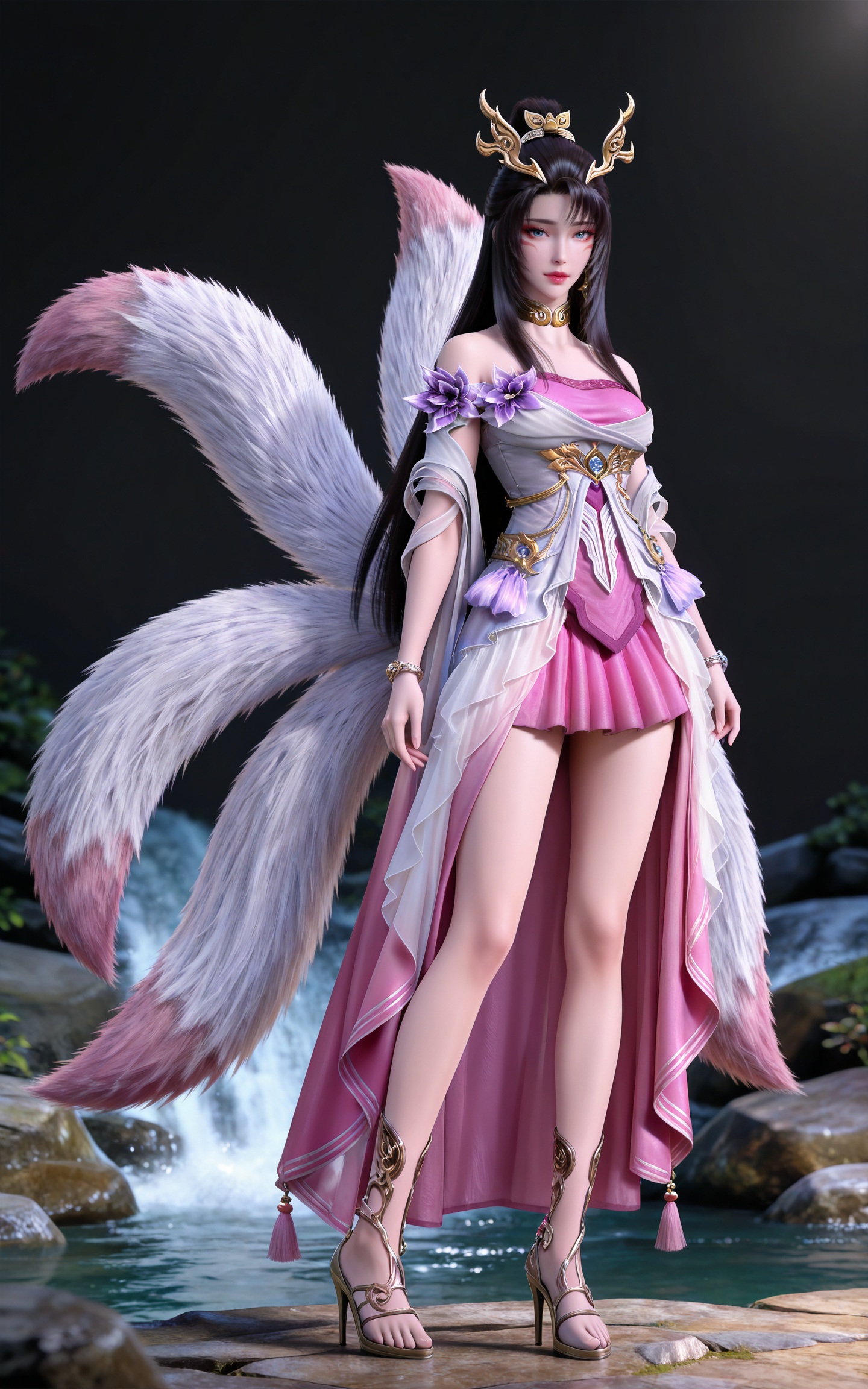 masterpiece,high quality,tall,game cg,highres,(soft light:1.2),(white_skin:0.6),(shiny_skin:0.6),(realistic:1.1),stone,water,
black hair, long hair, blue eyes, high ponytail, facial mark, hair_ornament, jewelry, earrings, metal collar, bare shoulders, tianhu white and pink dress, high_heels, tail, fox tail, multiple tails,
black_background,simple background,outdoor,looking at viewer