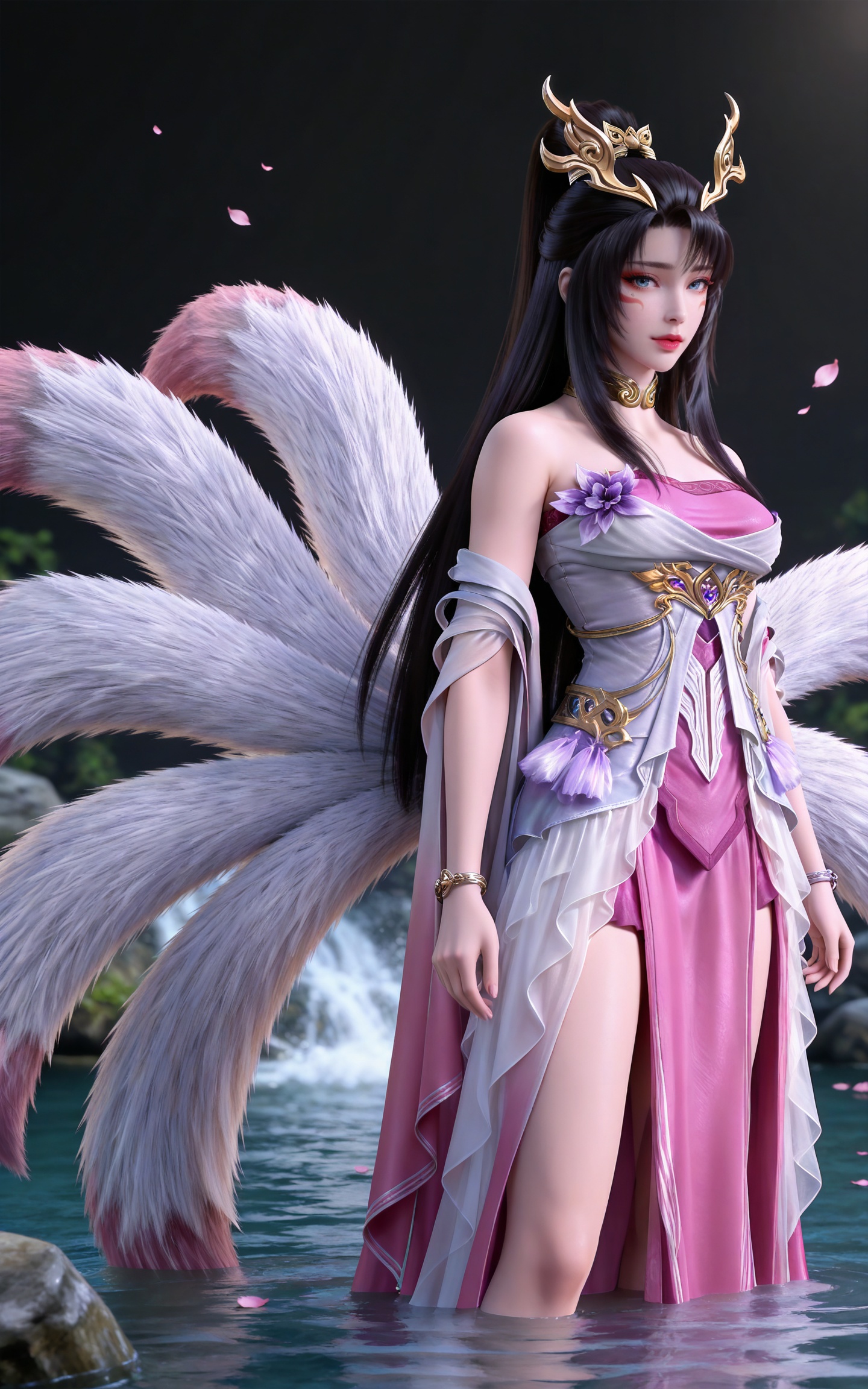 masterpiece,high quality,tall,game cg,highres,(soft light:1.2),(white_skin:0.6),(shiny_skin:0.6),(realistic:1.1),stone,water,
black hair, long hair, blue eyes, high ponytail, facial mark, hair_ornament, jewelry, earrings, metal collar, bare shoulders, tianhu white and pink dress, tail, fox tail, multiple tails,upper body,
black_background,simple background,outdoor,looking at viewer