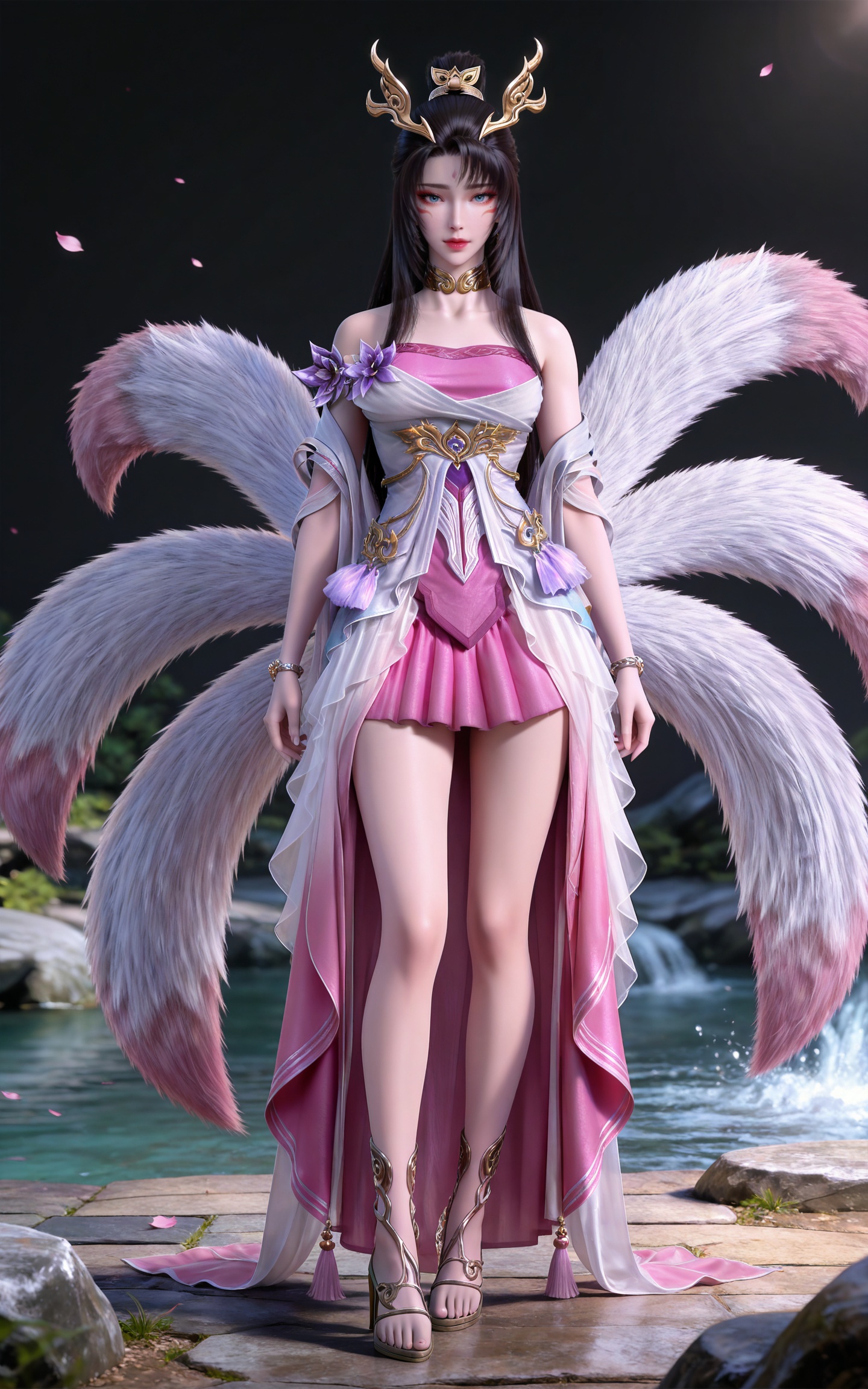 masterpiece,high quality,tall,game cg,highres,(soft light:1.2),(white_skin:0.6),(shiny_skin:0.6),(realistic:1.1),stone,water,
black hair, long hair, blue eyes, high ponytail, facial mark, hair_ornament, jewelry, earrings, metal collar, bare shoulders, tianhu white and pink dress, high_heels, tail, fox tail, multiple tails,
black_background,simple background,outdoor,looking at viewer