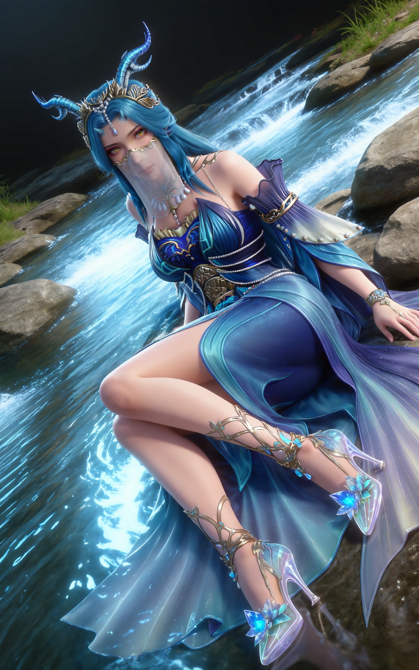 masterpiece,high quality,tall,game cg,highres,(soft light:1.2),(white_skin:0.6),(shiny_skin:0.6),(realistic:1.1),stone,water,(dynamic_angle:1.2),(dutch angle:1.2),full body,lying,
blue hair, long hair, yellow eyes, horns, forehead_jewel, hair_ornament, necklace, mouth veil, bare shoulders, longnv blue dress, detached_sleeves, long_sleeves, high_heels,
black_background,simple background,outdoor,looking at viewer