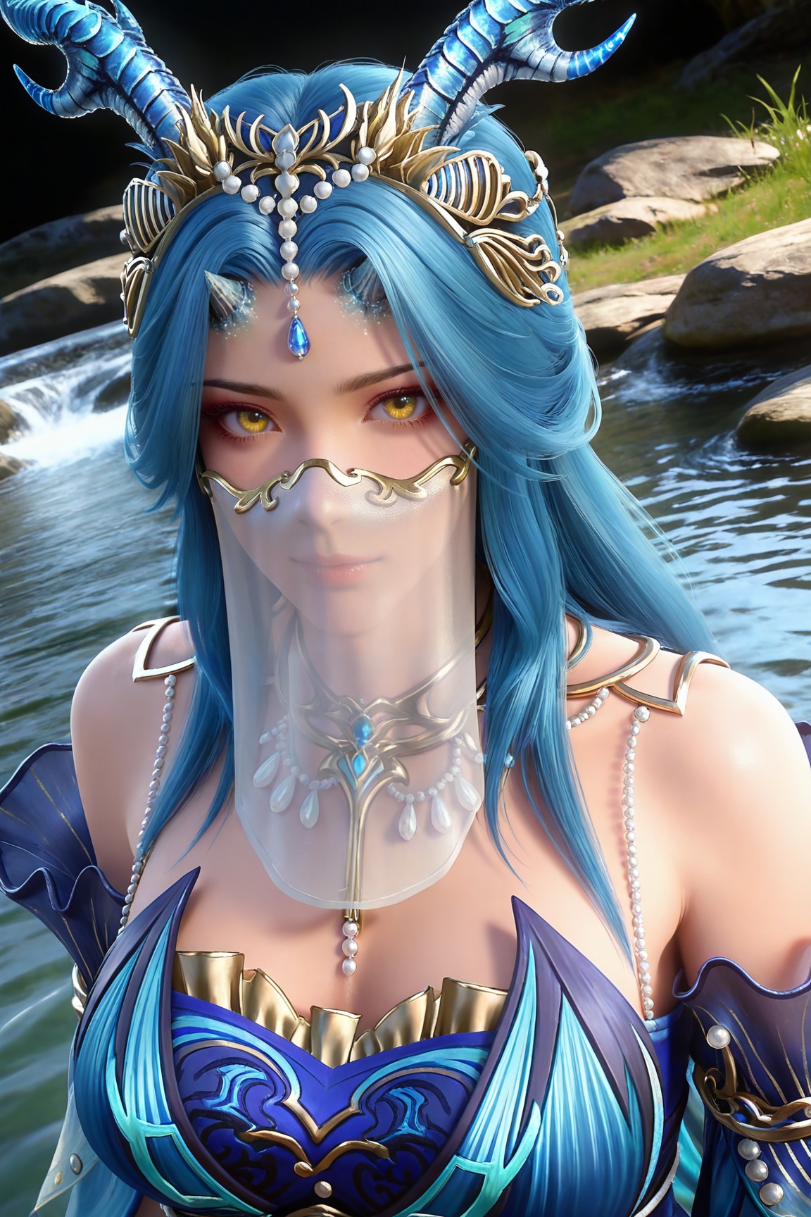 masterpiece,high quality,tall,game cg,highres,(soft light:1.2),(white_skin:0.6),(shiny_skin:0.6),(realistic:1.1),stone,water,(dynamic_angle:1.2),(dutch angle:1.2),
blue hair, long hair, yellow eyes, horns, forehead_jewel, hair_ornament, necklace, mouth veil, bare shoulders, longnv blue dress, detached_sleeves, long_sleeves, upper body,
black_background,simple background,outdoor,looking at viewer