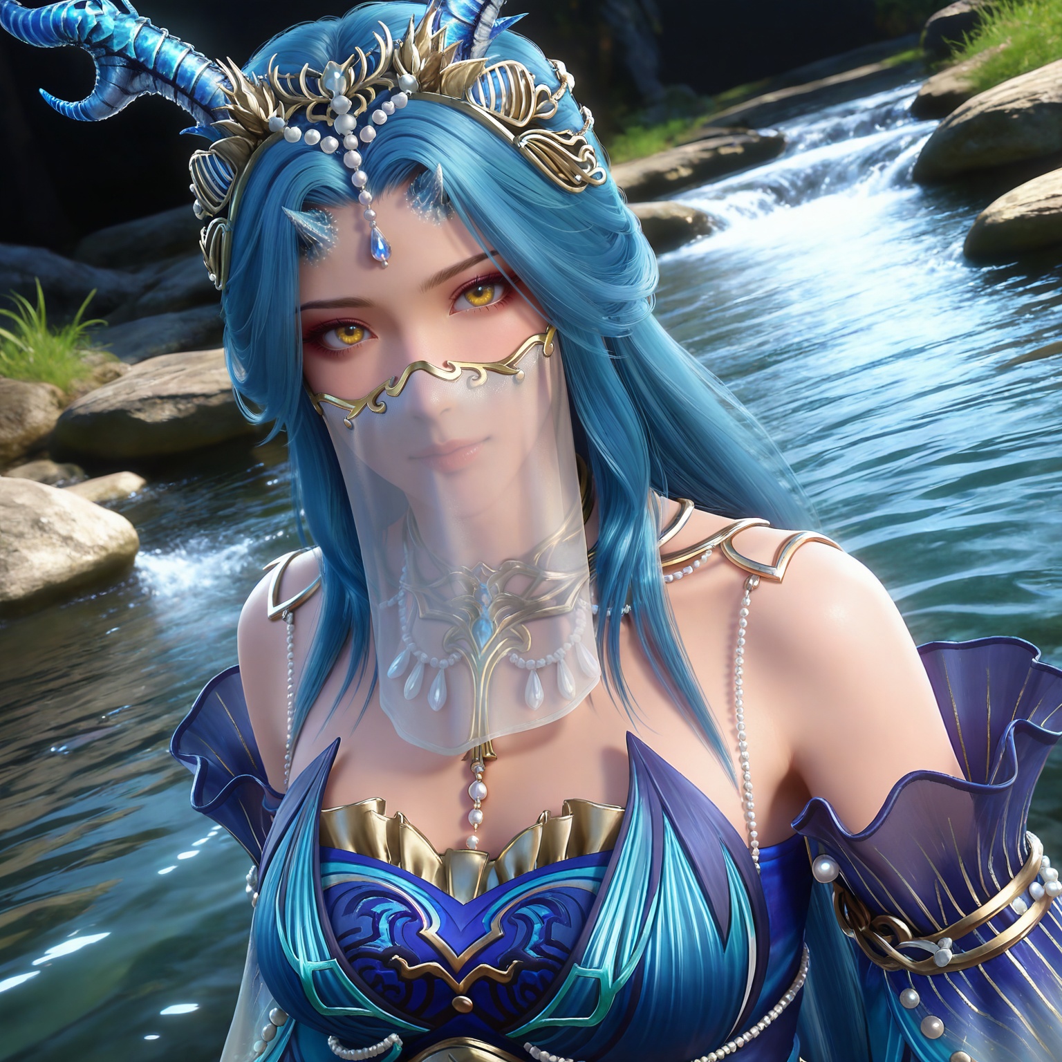 masterpiece,high quality,tall,game cg,highres,(soft light:1.2),(white_skin:0.6),(shiny_skin:0.6),(realistic:1.1),stone,water,(dynamic_angle:1.2),(dutch angle:1.2),
blue hair, long hair, yellow eyes, horns, forehead_jewel, hair_ornament, necklace, mouth veil, bare shoulders, longnv blue dress, detached_sleeves, long_sleeves, upper body,
black_background,simple background,outdoor,looking at viewer