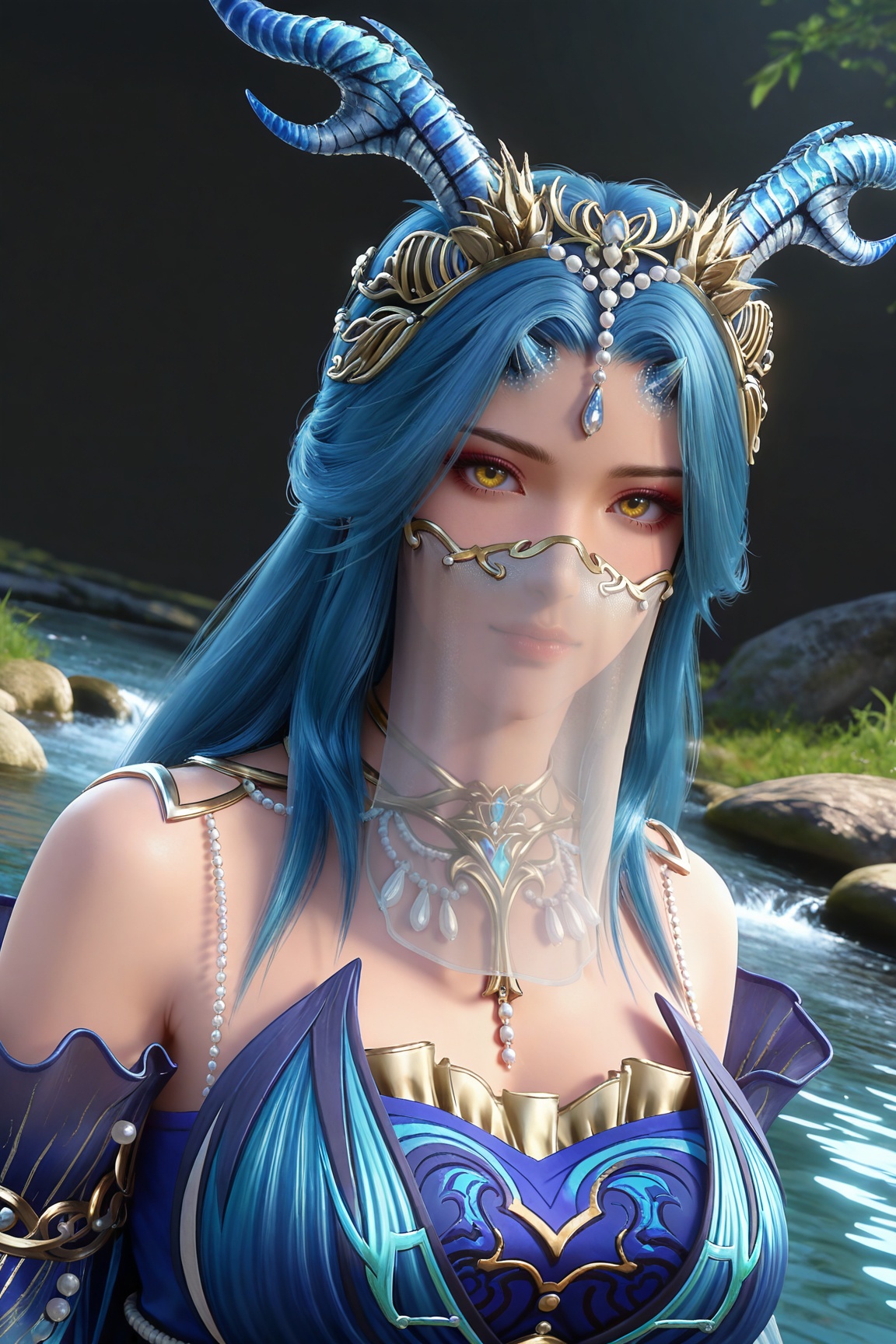masterpiece,high quality,tall,game cg,highres,(soft light:1.2),(white_skin:0.6),(shiny_skin:0.6),(realistic:1.1),stone,water,(dynamic_angle:1.2),(dutch angle:1.2),
blue hair, long hair, yellow eyes, horns, forehead_jewel, hair_ornament, necklace, mouth veil, bare shoulders, longnv blue dress, detached_sleeves, long_sleeves, upper body,
black_background,simple background,outdoor,looking at viewer
