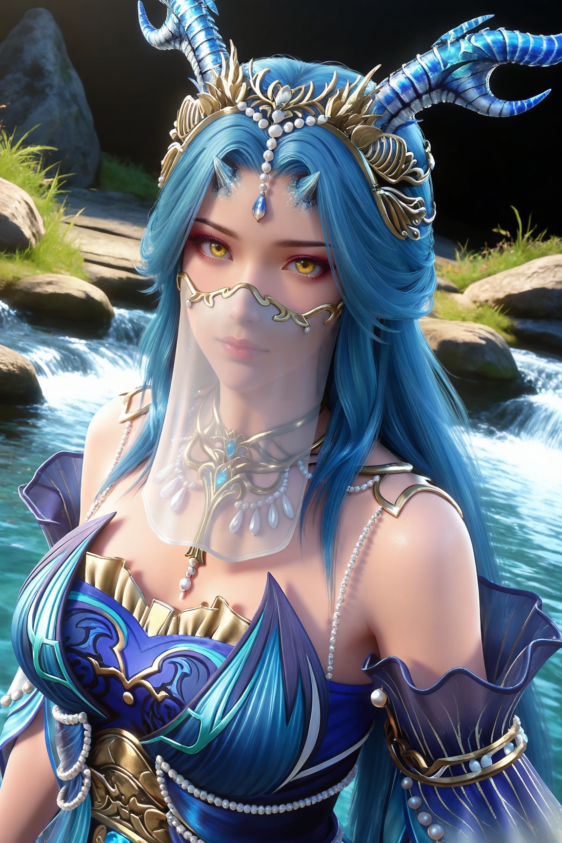 masterpiece,high quality,tall,game cg,highres,(soft light:1.2),(white_skin:0.6),(shiny_skin:0.6),(realistic:1.1),stone,water,(dynamic_angle:1.2),(dutch angle:1.2),
blue hair, long hair, yellow eyes, horns, forehead_jewel, hair_ornament, necklace, mouth veil, bare shoulders, longnv blue dress, detached_sleeves, long_sleeves, upper body,
black_background,simple background,outdoor,looking at viewer