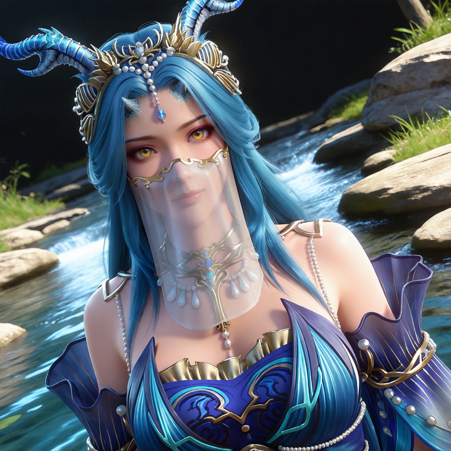 masterpiece,high quality,tall,game cg,highres,(soft light:1.2),(white_skin:0.6),(shiny_skin:0.6),(realistic:1.1),stone,water,(dynamic_angle:1.2),(dutch angle:1.2),
blue hair, long hair, yellow eyes, horns, forehead_jewel, hair_ornament, necklace, mouth veil, bare shoulders, longnv blue dress, detached_sleeves, long_sleeves, upper body,
black_background,simple background,outdoor,looking at viewer