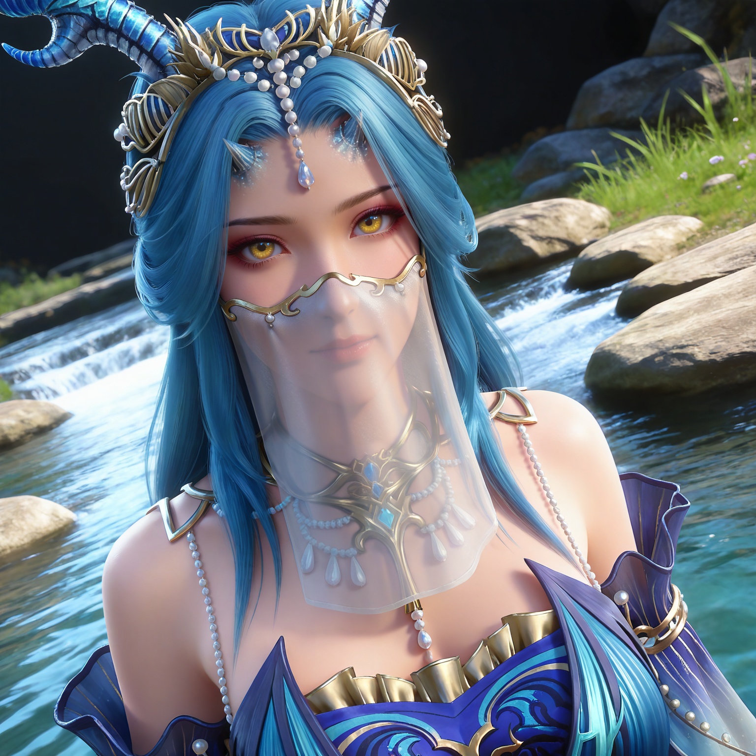 masterpiece,high quality,tall,game cg,highres,(soft light:1.2),(white_skin:0.6),(shiny_skin:0.6),(realistic:1.1),stone,water,(dynamic_angle:1.2),(dutch angle:1.2),
blue hair, long hair, yellow eyes, horns, forehead_jewel, hair_ornament, necklace, mouth veil, bare shoulders, longnv blue dress, detached_sleeves, long_sleeves, upper body,
black_background,simple background,outdoor,looking at viewer