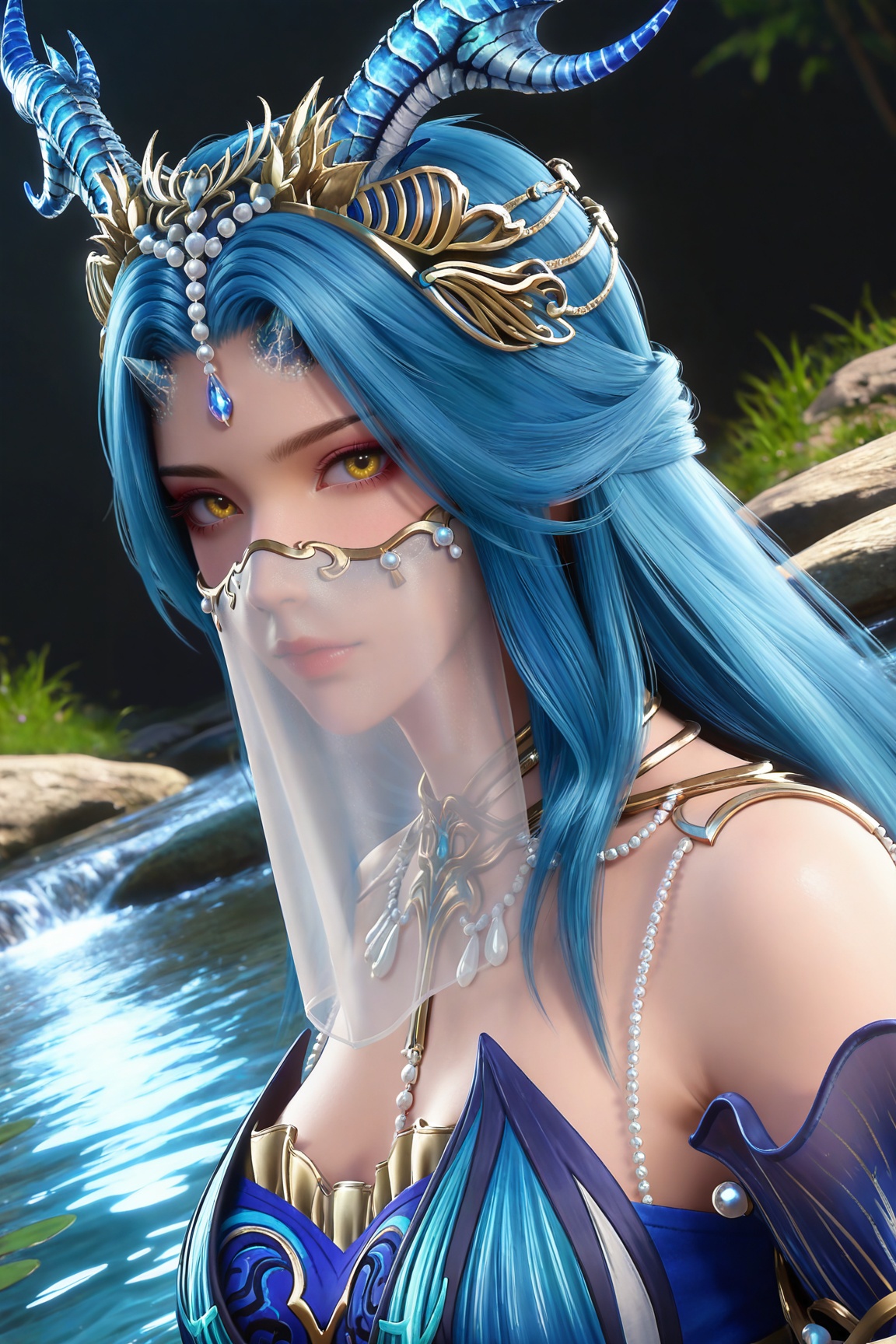 masterpiece,high quality,tall,game cg,highres,(soft light:1.2),(white_skin:0.6),(shiny_skin:0.6),(realistic:1.1),stone,water,(dynamic_angle:1.2),(dutch angle:1.2),
blue hair, long hair, yellow eyes, horns, forehead_jewel, hair_ornament, necklace, mouth veil, bare shoulders, longnv blue dress, detached_sleeves, long_sleeves, upper body,
black_background,simple background,outdoor,looking at viewer