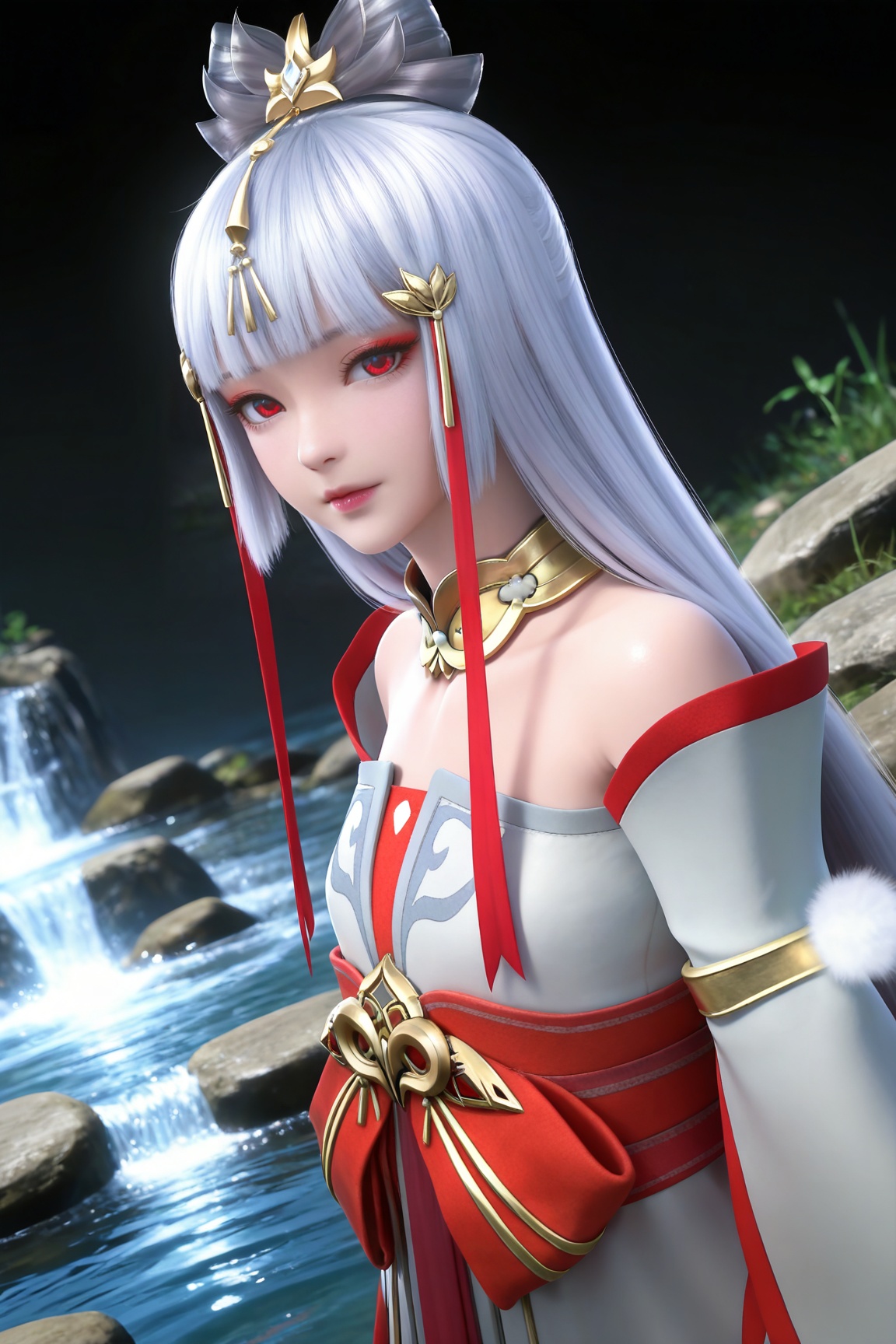 masterpiece,high quality,tall,game cg,highres,(soft light:1.2),(white_skin:0.6),(shiny_skin:0.6),(realistic:1.1),stone,water,(dynamic_angle:1.2),(dutch angle:1.2),
grey hair, long hair, red eyes, makeup, blunt bangs, hair_ornament, hair ribbon, metal collar, off shoulder, yutu white and red dress, detached_sleeves, long_sleeves,  upper body,
black_background,simple background,outdoor,looking at viewer