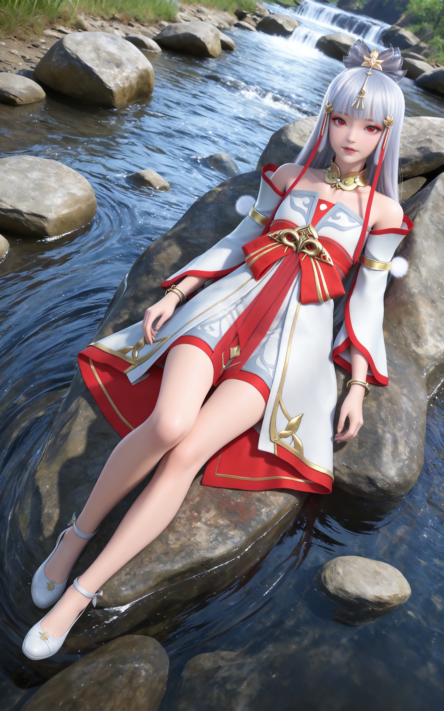 masterpiece,high quality,tall,game cg,highres,(soft light:1.2),(white_skin:0.6),(shiny_skin:0.6),(realistic:1.1),stone,water,(dynamic_angle:1.2),(dutch angle:1.2),full body,lying,
grey hair, long hair, red eyes, makeup, blunt bangs, hair_ornament, hair ribbon, metal collar, off shoulder, yutu white and red dress, detached_sleeves, long_sleeves, shoes,,
black_background,simple background,outdoor,looking at viewer