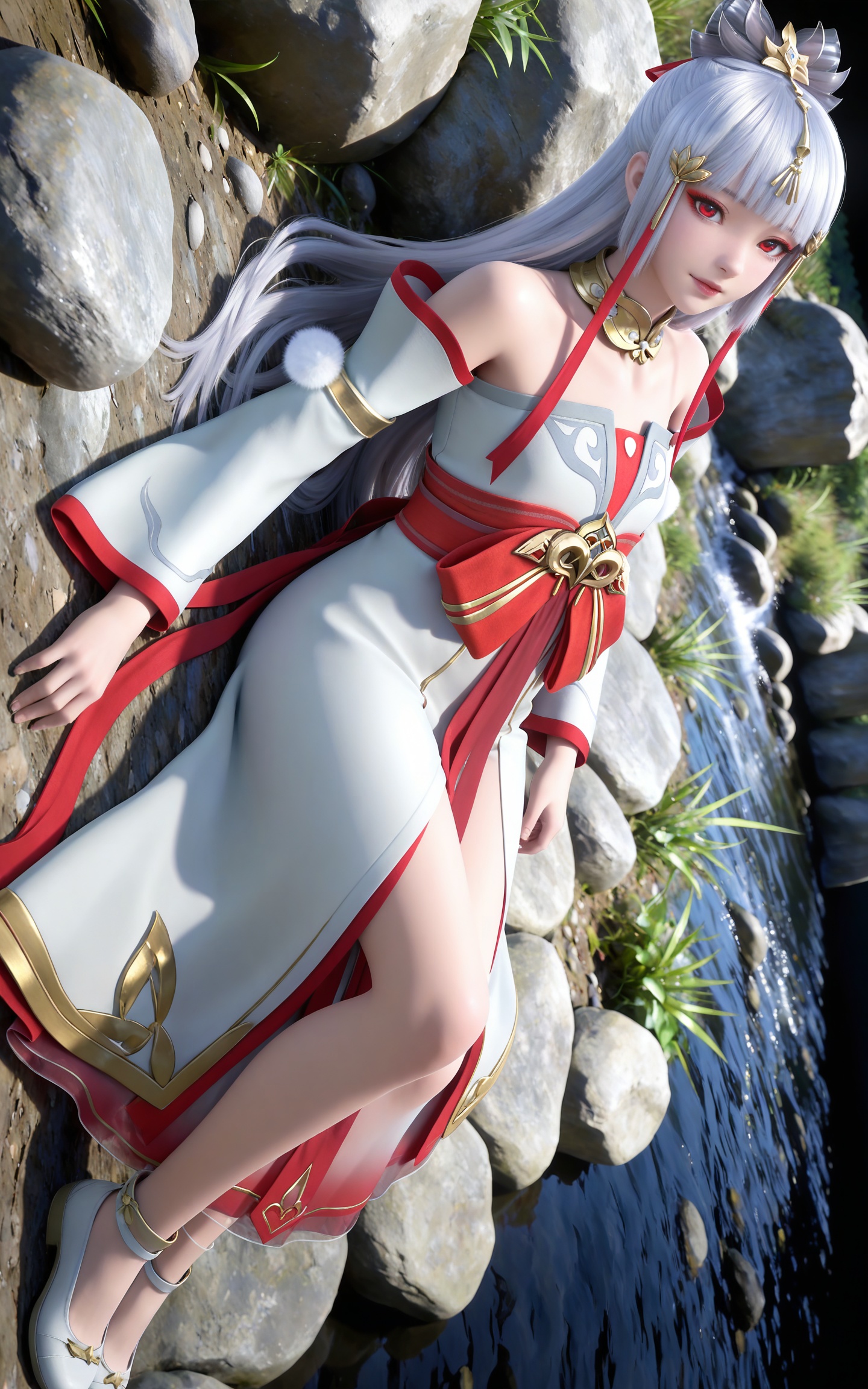 masterpiece,high quality,tall,game cg,highres,(soft light:1.2),(white_skin:0.6),(shiny_skin:0.6),(realistic:1.1),stone,water,(dynamic_angle:1.2),(dutch angle:1.2),full body,lying,
grey hair, long hair, red eyes, makeup, blunt bangs, hair_ornament, hair ribbon, metal collar, off shoulder, yutu white and red dress, detached_sleeves, long_sleeves, shoes,,
black_background,simple background,outdoor,looking at viewer