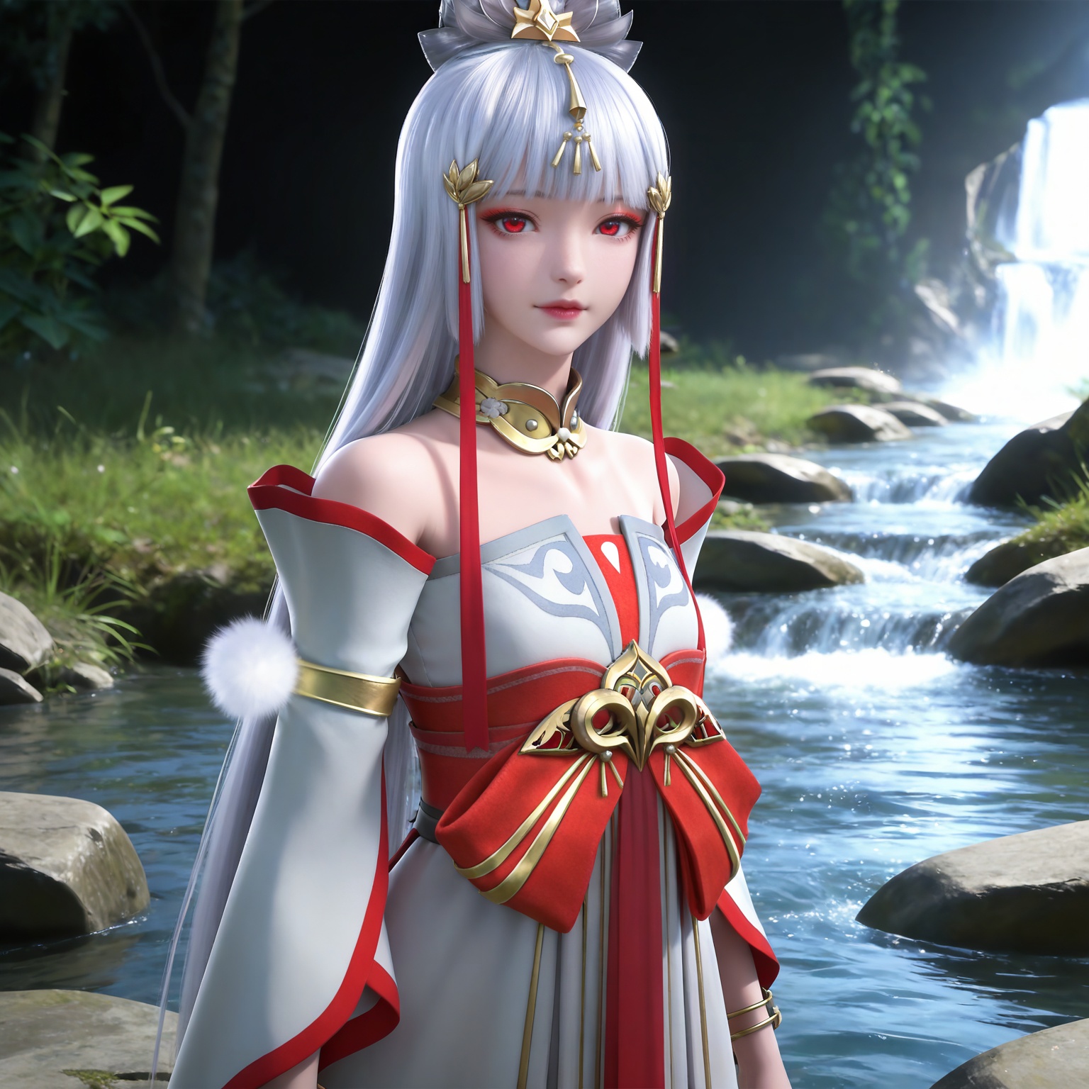 masterpiece,high quality,tall,game cg,highres,(soft light:1.2),(white_skin:0.6),(shiny_skin:0.6),(realistic:1.1),stone,water,
grey hair, long hair, red eyes, makeup, blunt bangs, hair_ornament, hair ribbon, metal collar, off shoulder, yutu white and red dress, detached_sleeves, long_sleeves,  upper body,
black_background,simple background,outdoor,looking at viewer