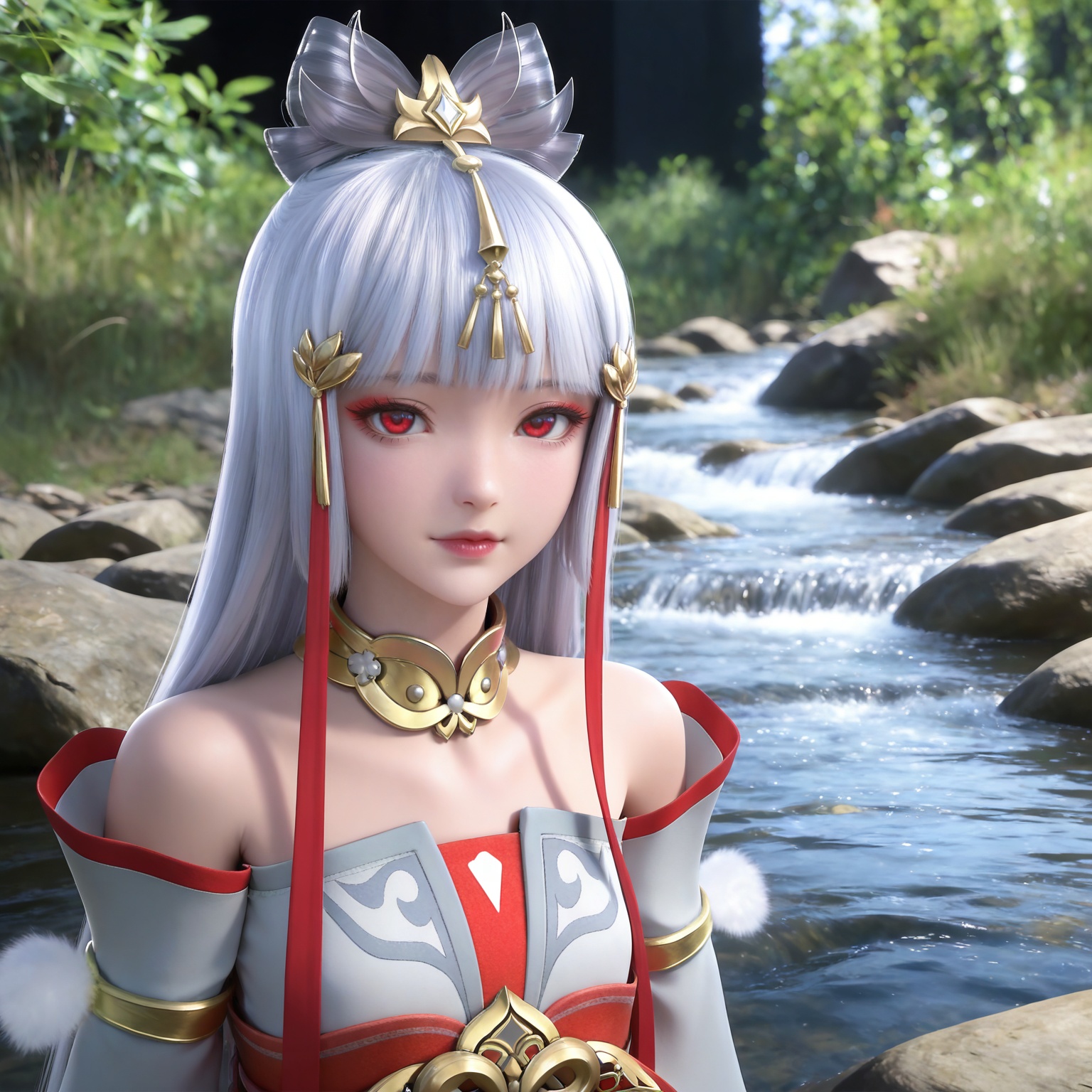 masterpiece,high quality,tall,game cg,highres,(soft light:1.2),(white_skin:0.6),(shiny_skin:0.6),(realistic:1.1),stone,water,
grey hair, long hair, red eyes, makeup, blunt bangs, hair_ornament, hair ribbon, metal collar, off shoulder, yutu white and red dress, detached_sleeves, long_sleeves,  upper body,
black_background,simple background,outdoor,looking at viewer