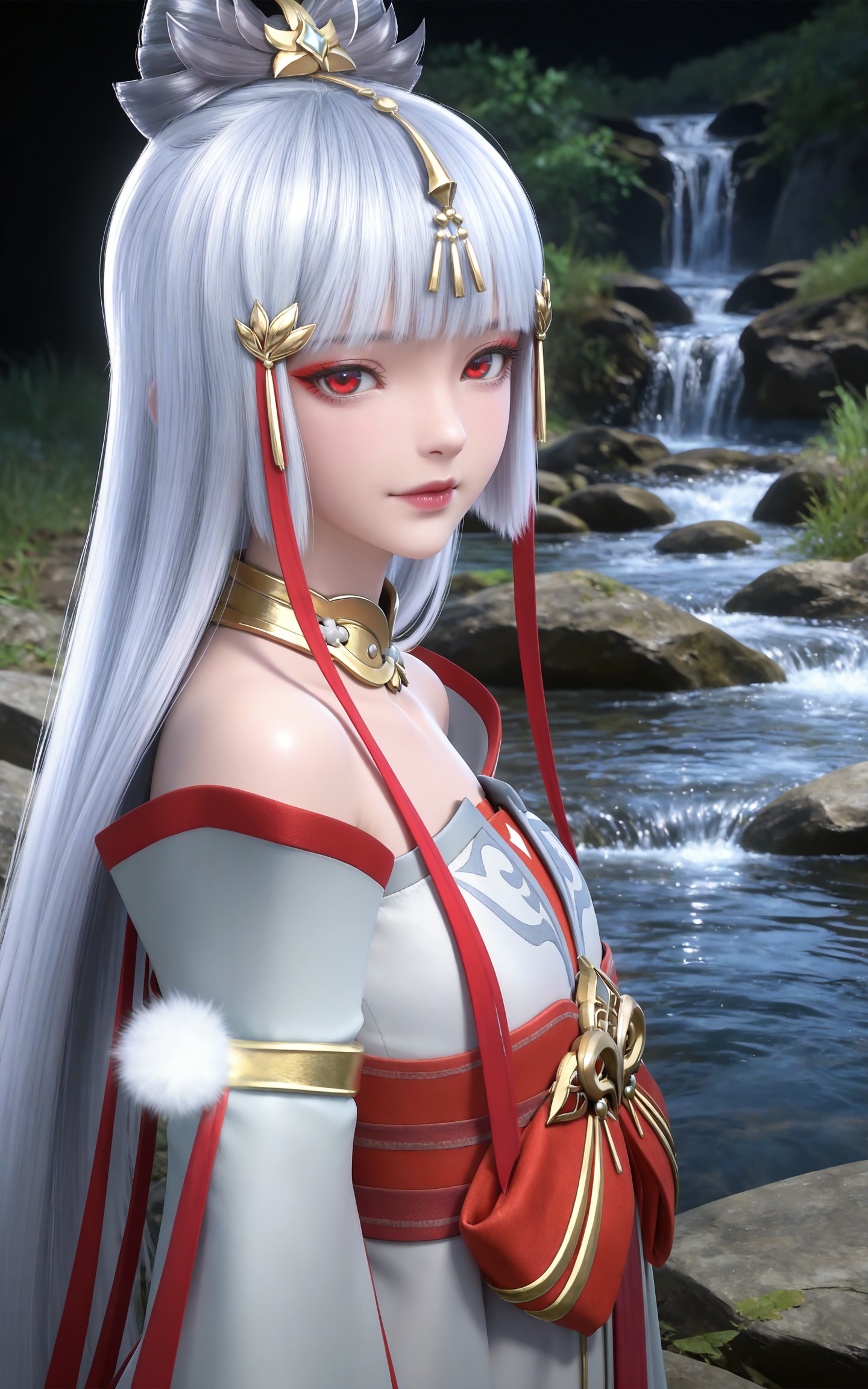 masterpiece,high quality,tall,game cg,highres,(soft light:1.2),(white_skin:0.6),(shiny_skin:0.6),(realistic:1.1),stone,water,
grey hair, long hair, red eyes, makeup, blunt bangs, hair_ornament, hair ribbon, metal collar, off shoulder, yutu white and red dress, detached_sleeves, long_sleeves,  upper body,
black_background,simple background,outdoor,looking at viewer