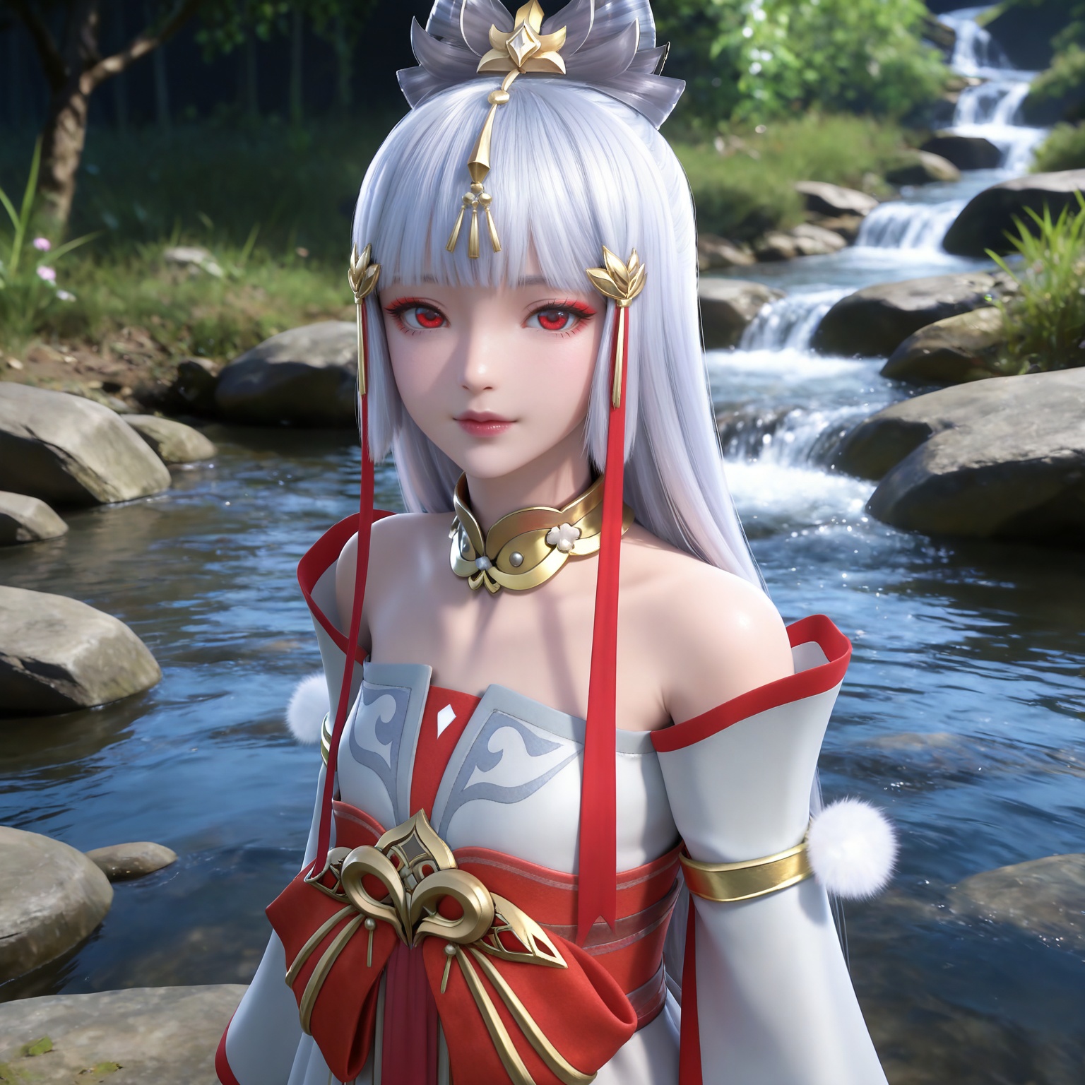 masterpiece,high quality,tall,game cg,highres,(soft light:1.2),(white_skin:0.6),(shiny_skin:0.6),(realistic:1.1),stone,water,
grey hair, long hair, red eyes, makeup, blunt bangs, hair_ornament, hair ribbon, metal collar, off shoulder, yutu white and red dress, detached_sleeves, long_sleeves,  upper body,
black_background,simple background,outdoor,looking at viewer
