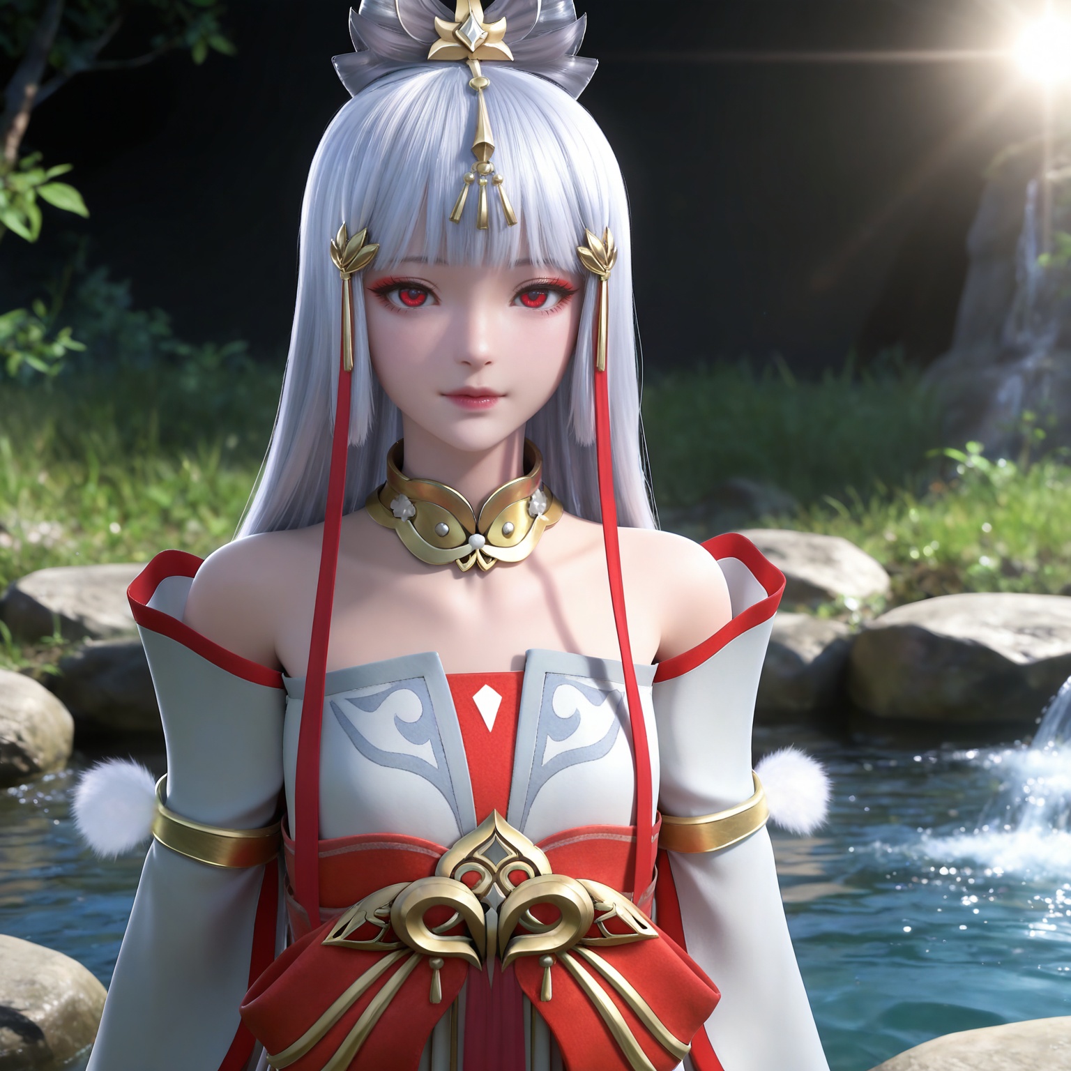 masterpiece,high quality,tall,game cg,highres,(soft light:1.2),(white_skin:0.6),(shiny_skin:0.6),(realistic:1.1),stone,water,
grey hair, long hair, red eyes, makeup, blunt bangs, hair_ornament, hair ribbon, metal collar, off shoulder, yutu white and red dress, detached_sleeves, long_sleeves,  upper body,
black_background,simple background,outdoor,looking at viewer