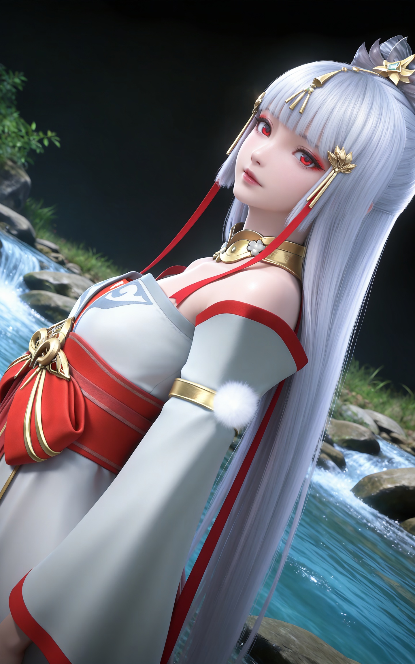 masterpiece,high quality,tall,game cg,highres,(soft light:1.2),(white_skin:0.6),(shiny_skin:0.6),(realistic:1.1),stone,water,(dynamic_angle:1.2),(dutch angle:1.2),
grey hair, long hair, red eyes, makeup, blunt bangs, hair_ornament, hair ribbon, metal collar, off shoulder, yutu white and red dress, detached_sleeves, long_sleeves,  upper body,
black_background,simple background,outdoor,looking at viewer