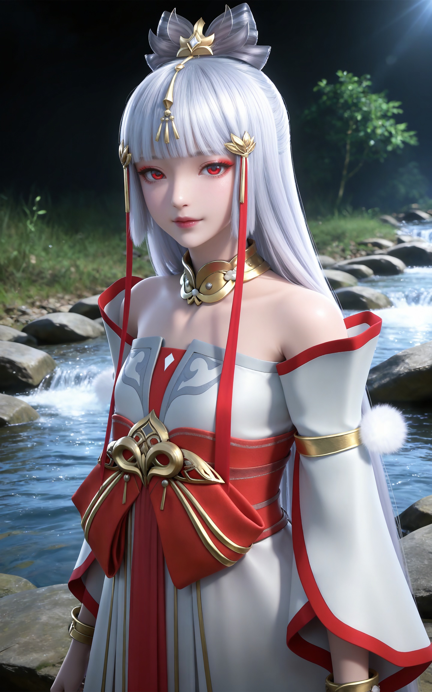 masterpiece,high quality,tall,game cg,highres,(soft light:1.2),(white_skin:0.6),(shiny_skin:0.6),(realistic:1.1),stone,water,
grey hair, long hair, red eyes, makeup, blunt bangs, hair_ornament, hair ribbon, metal collar, off shoulder, yutu white and red dress, detached_sleeves, long_sleeves,  upper body,
black_background,simple background,outdoor,looking at viewer