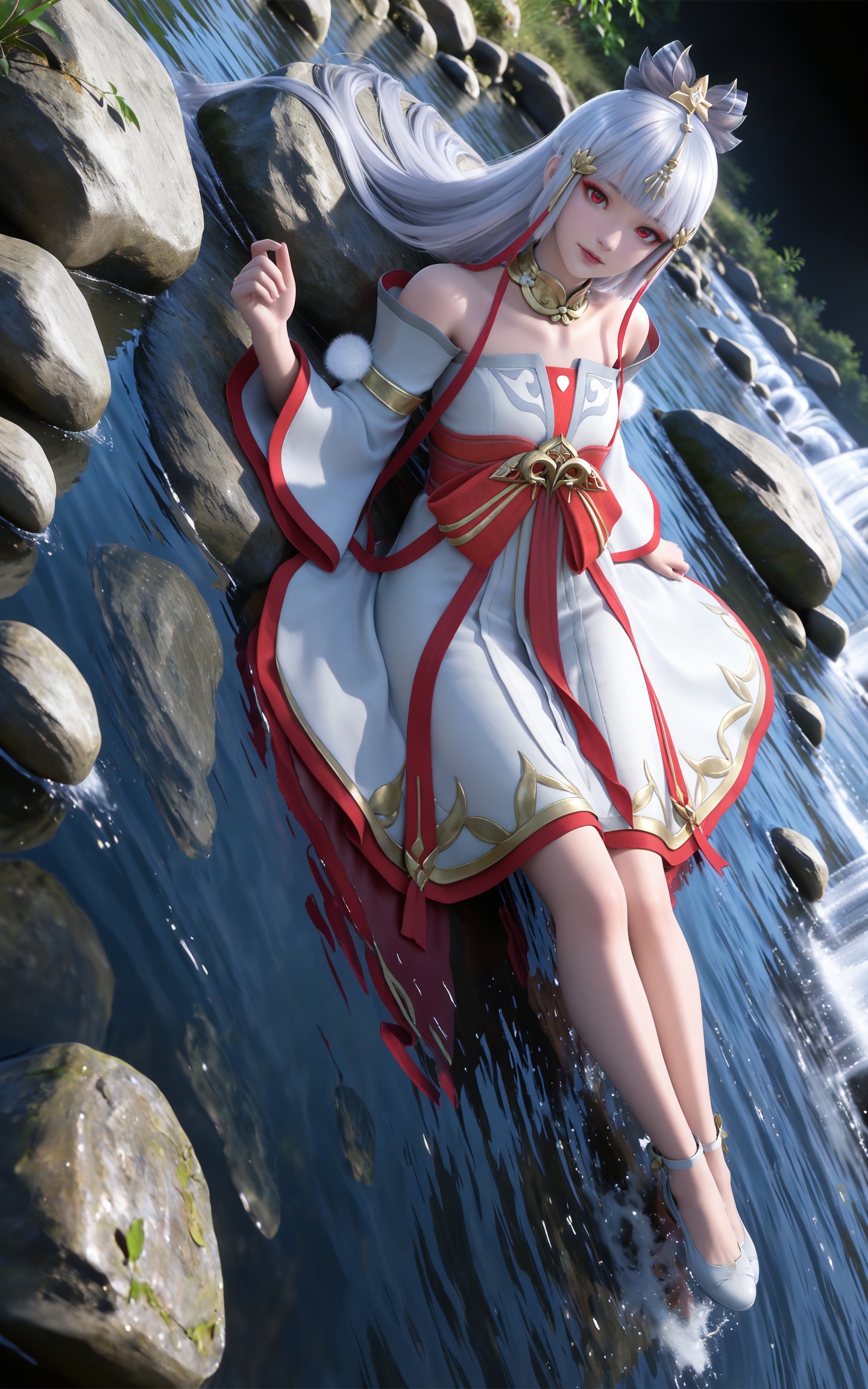 masterpiece,high quality,tall,game cg,highres,(soft light:1.2),(white_skin:0.6),(shiny_skin:0.6),(realistic:1.1),stone,water,(dynamic_angle:1.2),(dutch angle:1.2),full body,lying,
grey hair, long hair, red eyes, makeup, blunt bangs, hair_ornament, hair ribbon, metal collar, off shoulder, yutu white and red dress, detached_sleeves, long_sleeves, shoes,,
black_background,simple background,outdoor,looking at viewer