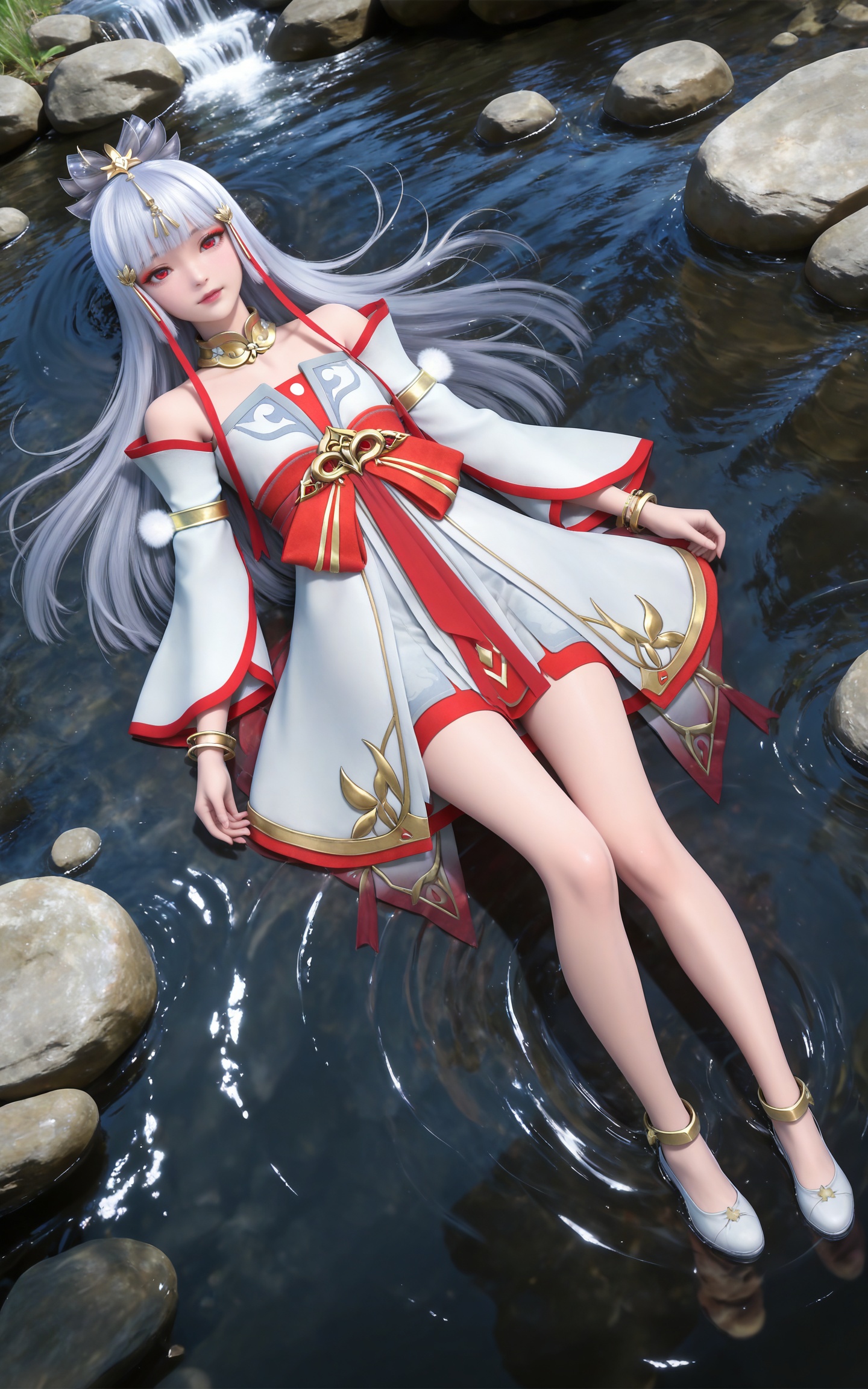 masterpiece,high quality,tall,game cg,highres,(soft light:1.2),(white_skin:0.6),(shiny_skin:0.6),(realistic:1.1),stone,water,(dynamic_angle:1.2),(dutch angle:1.2),full body,lying,
grey hair, long hair, red eyes, makeup, blunt bangs, hair_ornament, hair ribbon, metal collar, off shoulder, yutu white and red dress, detached_sleeves, long_sleeves, shoes,,
black_background,simple background,outdoor,looking at viewer