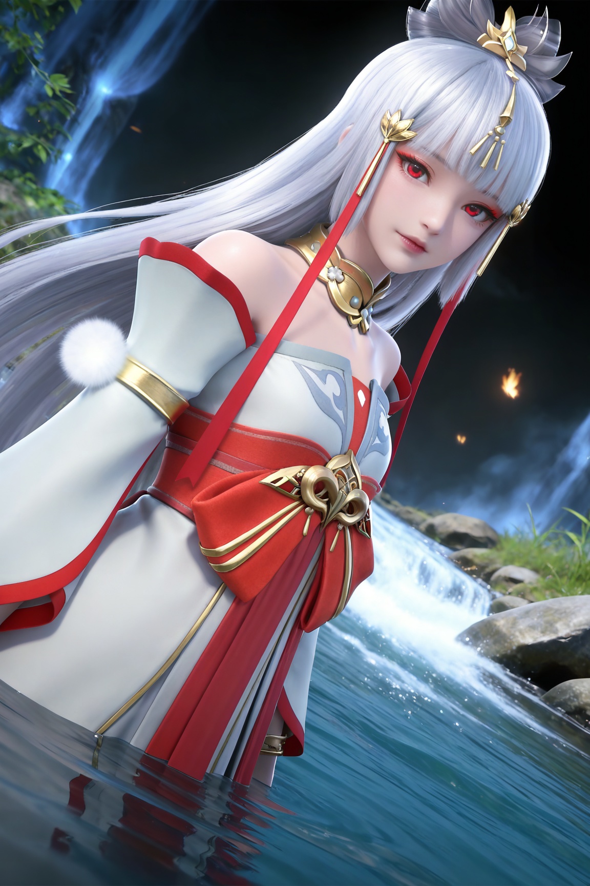 masterpiece,high quality,tall,game cg,highres,(soft light:1.2),(white_skin:0.6),(shiny_skin:0.6),(realistic:1.1),stone,water,(dynamic_angle:1.2),(dutch angle:1.2),
grey hair, long hair, red eyes, makeup, blunt bangs, hair_ornament, hair ribbon, metal collar, off shoulder, yutu white and red dress, detached_sleeves, long_sleeves,  upper body,
black_background,simple background,outdoor,looking at viewer