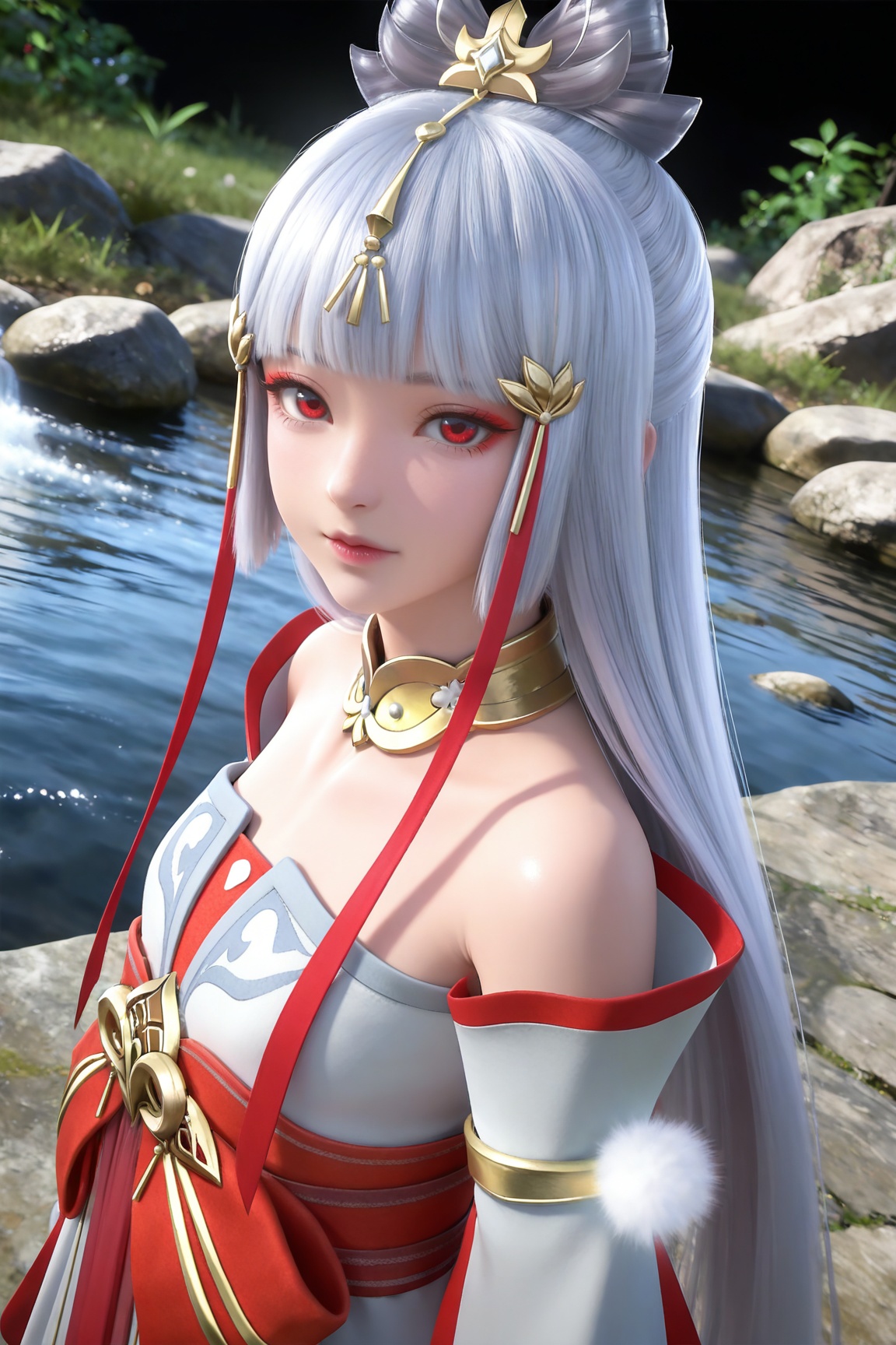 masterpiece,high quality,tall,game cg,highres,(soft light:1.2),(white_skin:0.6),(shiny_skin:0.6),(realistic:1.1),stone,water,(dynamic_angle:1.2),(dutch angle:1.2),
grey hair, long hair, red eyes, makeup, blunt bangs, hair_ornament, hair ribbon, metal collar, off shoulder, yutu white and red dress, detached_sleeves, long_sleeves,  upper body,
black_background,simple background,outdoor,looking at viewer
