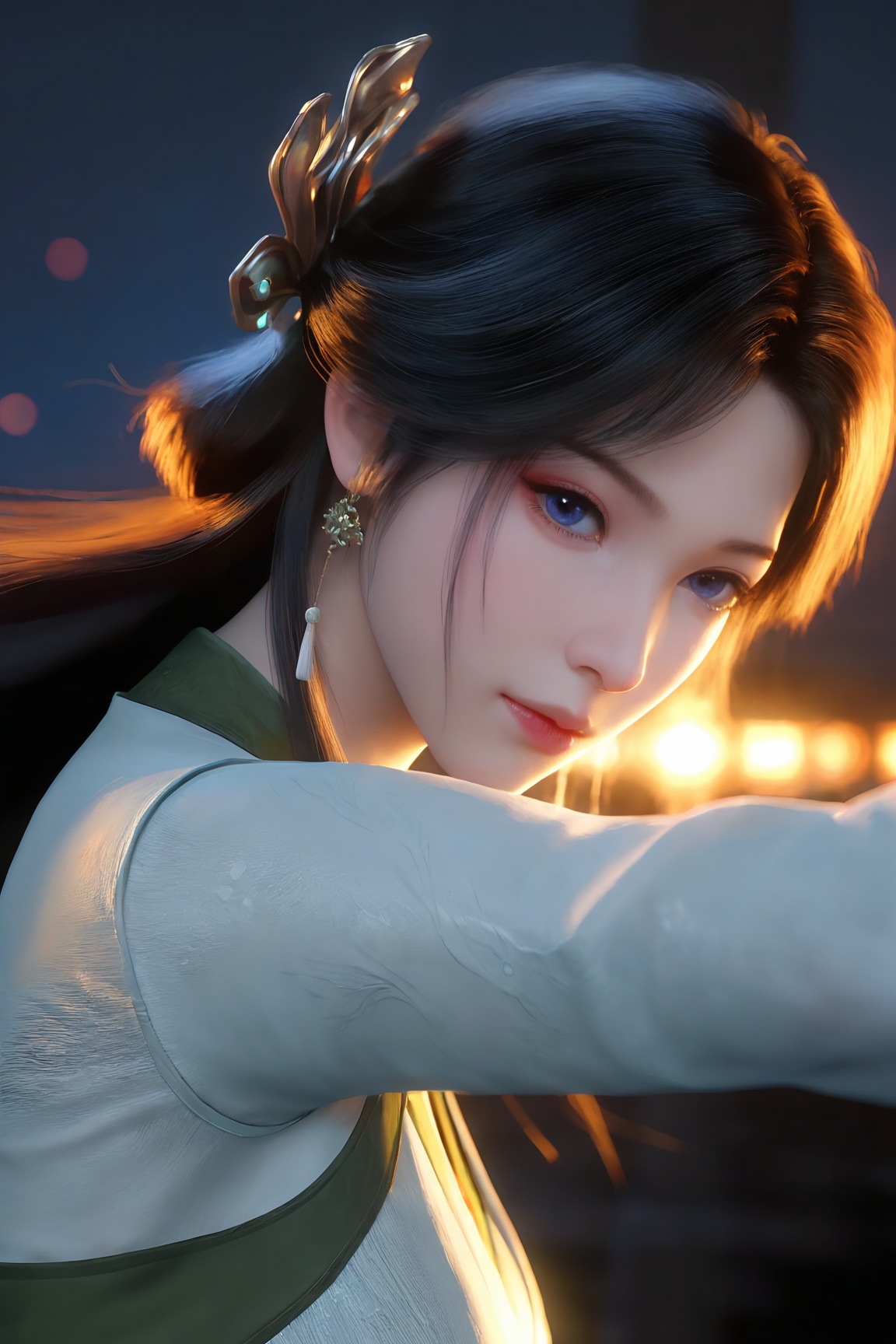 Mei-ning,1girl, solo, long hair, looking at viewer, blue eyes, black hair, hair ornament,
ultra - realistic 3D render, glossy detailed skin, cinematic lighting, photorealistic, sharp focus, vibrant colors, dynamic pose,Semi Realistic-style