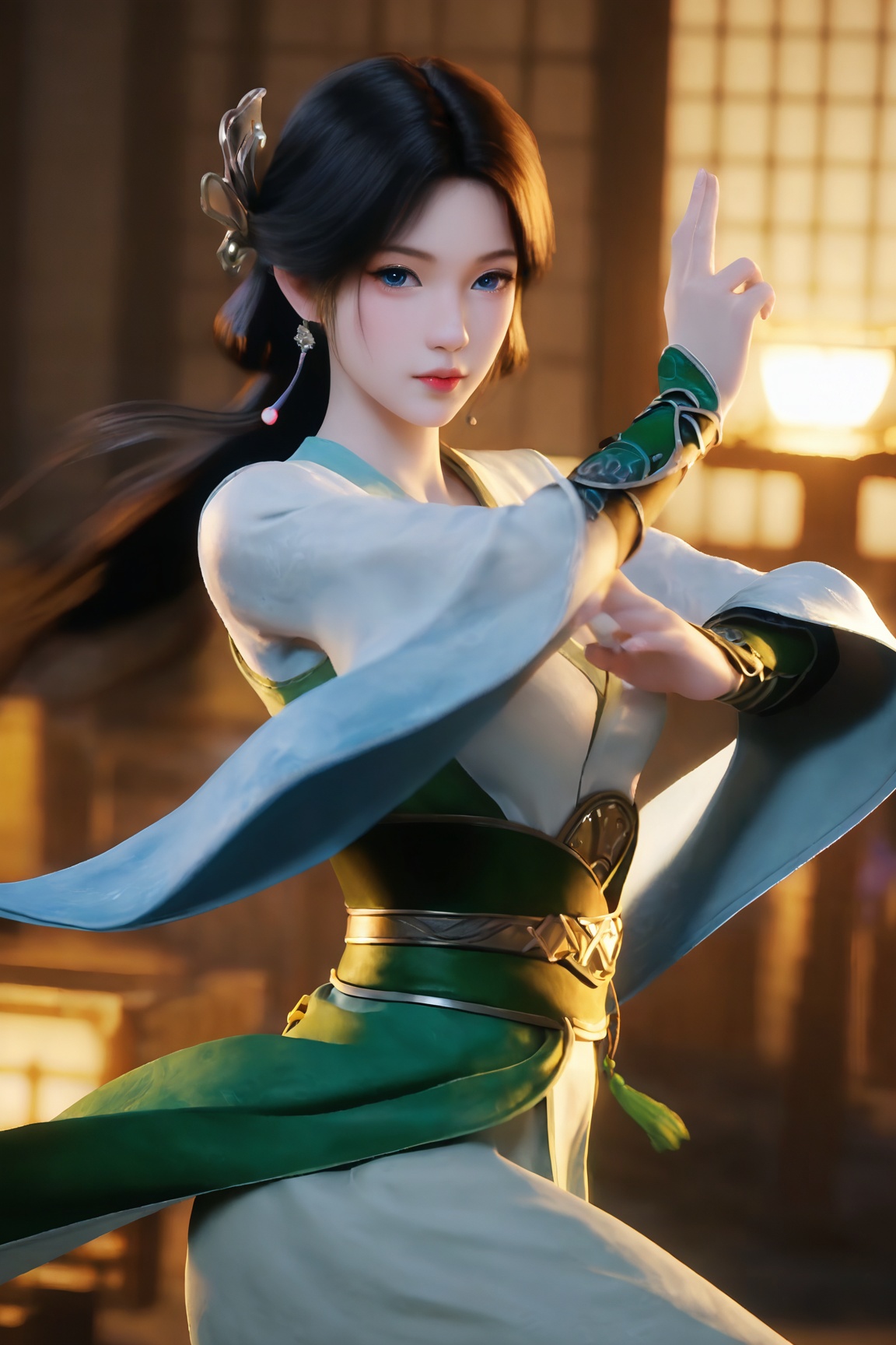 Mei-ning,1girl, solo, long hair, looking at viewer, blue eyes, black hair, hair ornament,
ultra - realistic 3D render, glossy detailed skin, cinematic lighting, photorealistic, sharp focus, vibrant colors, dynamic pose,Semi Realistic-style