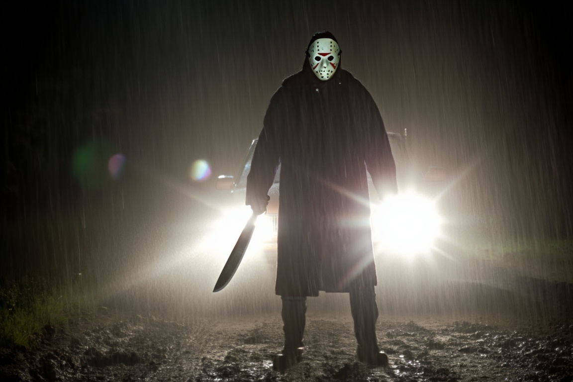 A highly dramatic cinematic movie still of Jason Voorhees standing ominously in the middle of a muddy dirt road at night....