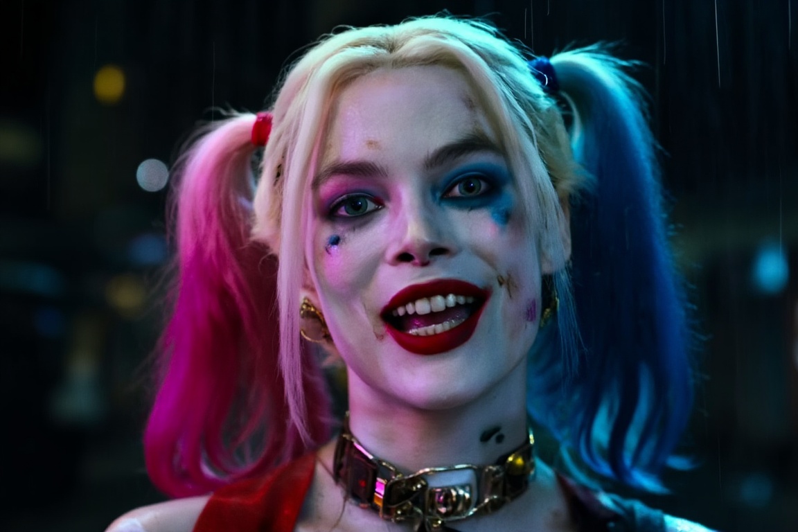 A cinematic close-up portrait of Harley Quinn. Authentic character design: pale skin,  messy smeared red and blue eyeshado...