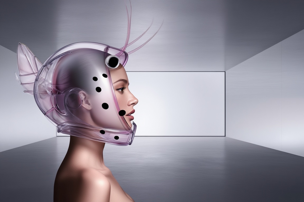 Hyper-realistic cinematic shot,  abstract high-quality fashion cinema. Three-quarters portrait of a transparent woman merg...
