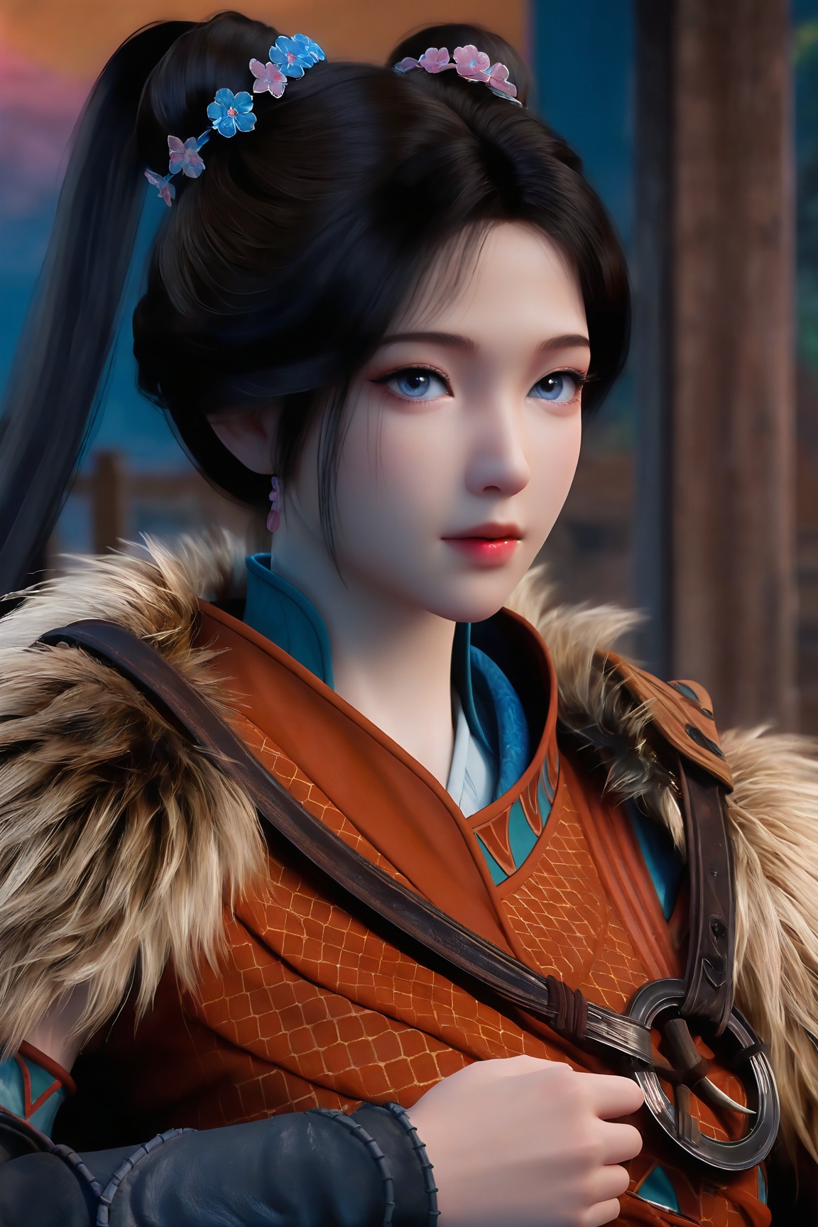 Mei-ning,1girl, solo, long hair, looking at viewer, blue eyes, black hair, hair ornament,ponytail,hair flower,
ultra - realistic 3D render, glossy detailed skin, cinematic lighting, photorealistic, sharp focus, vibrant colors, dynamic pose,Semi Realistic-style