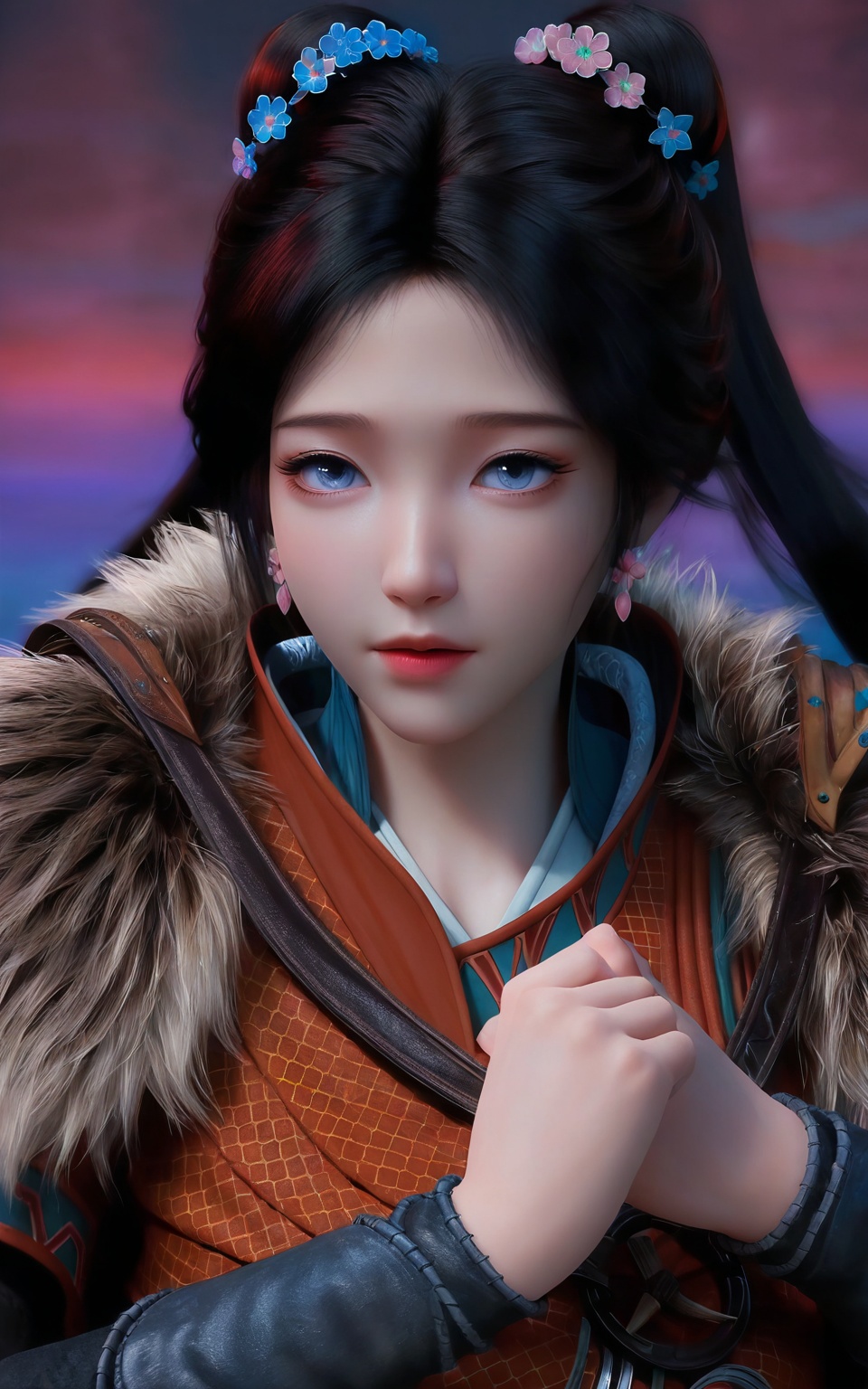 Mei-ning,1girl, solo, long hair, looking at viewer, blue eyes, black hair, hair ornament,ponytail,hair flower,
ultra - realistic 3D render, glossy detailed skin, cinematic lighting, photorealistic, sharp focus, vibrant colors, dynamic pose,Semi Realistic-style